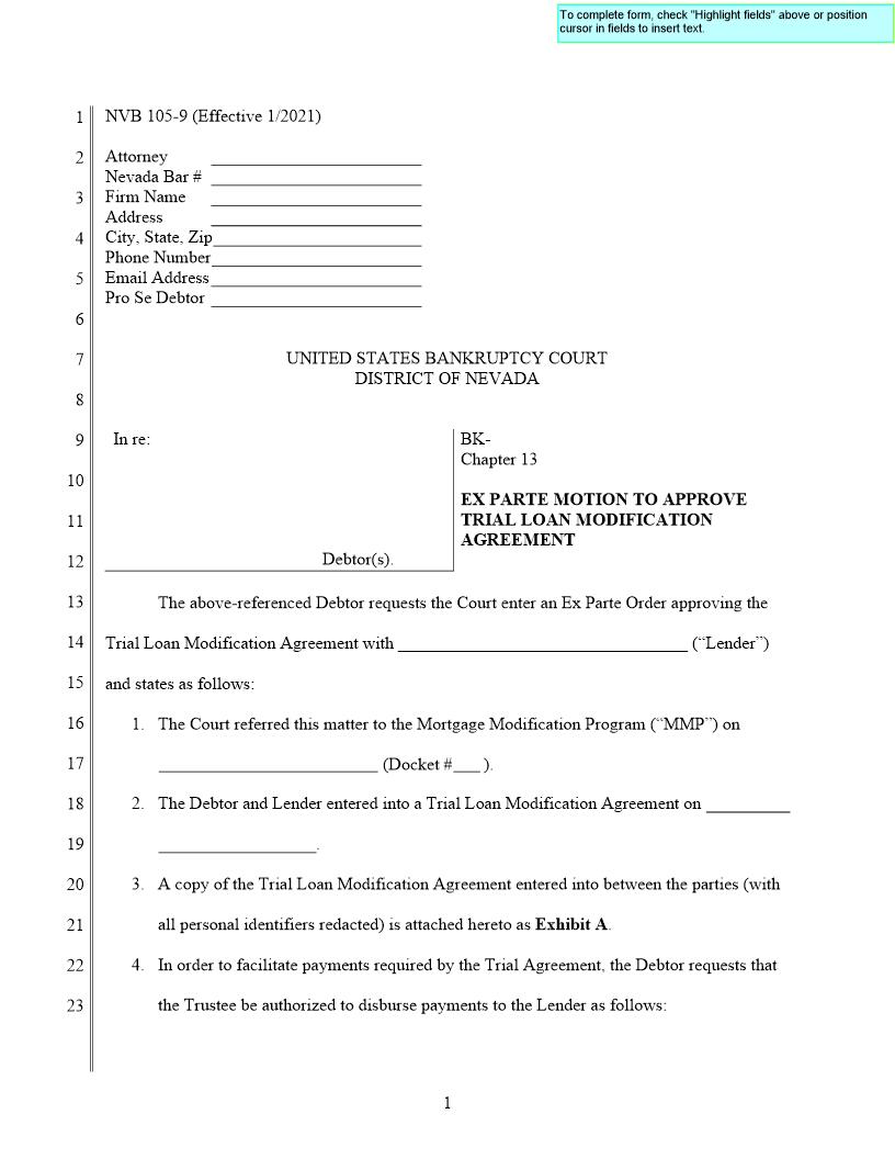 Ex Parte Motion To Approve Trial Loan Modification Agreement {NVB 105-9} | Pdf Fpdf Doc Docx | Nevada