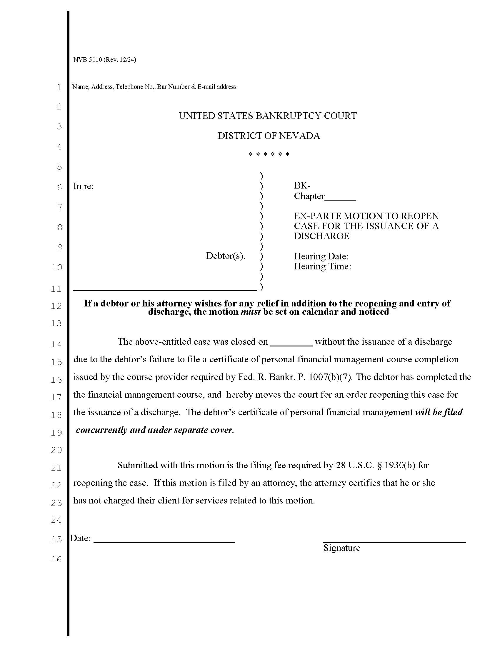 Ex Parte Motion To Reopen Case For Issuance Of Discharge {NVB 5010} | Pdf Fpdf Doc Docx | Nevada