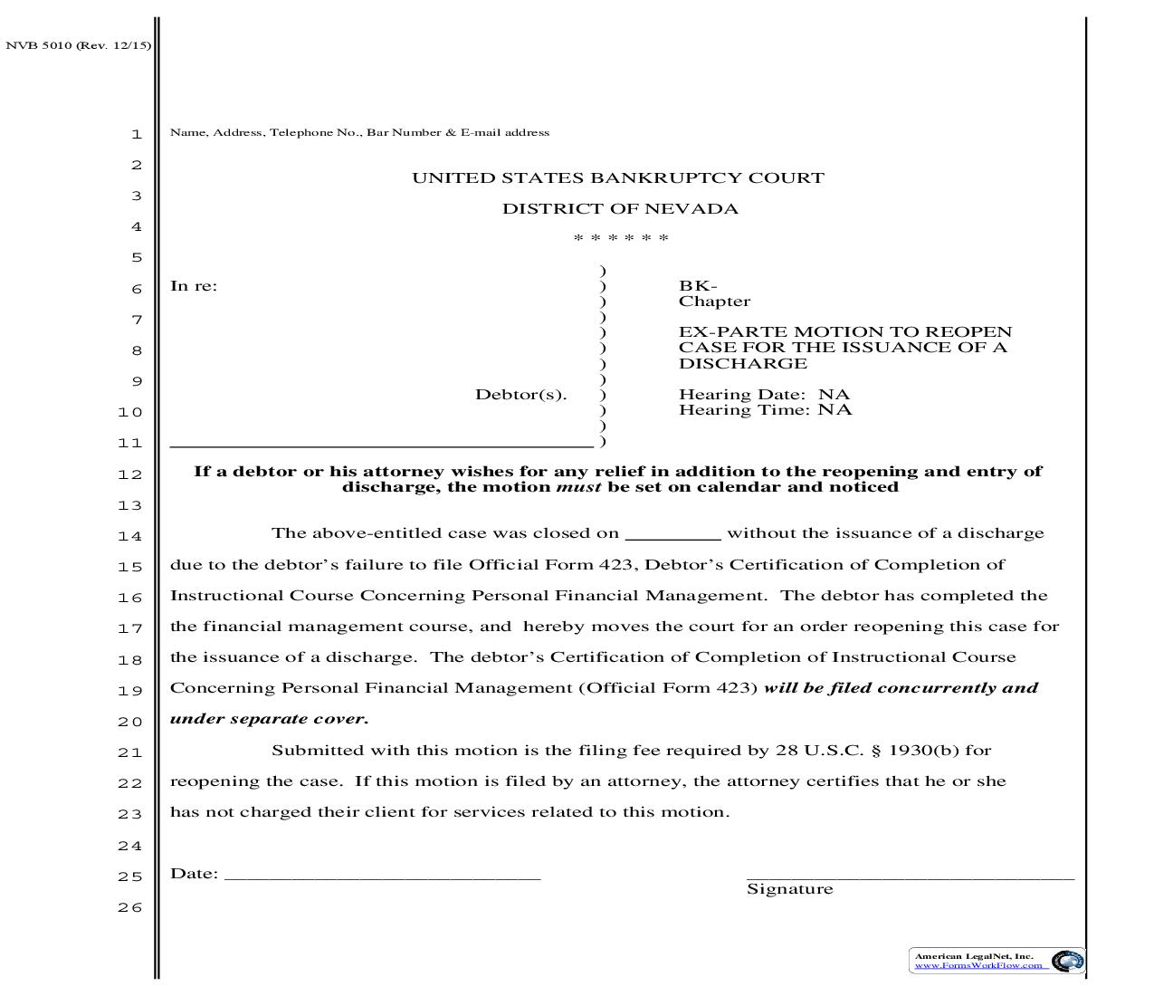 Ex-Parte Motion To Reopen Case For The Issuance Of A Discharge | Pdf Fpdf Doc Docx | Nevada