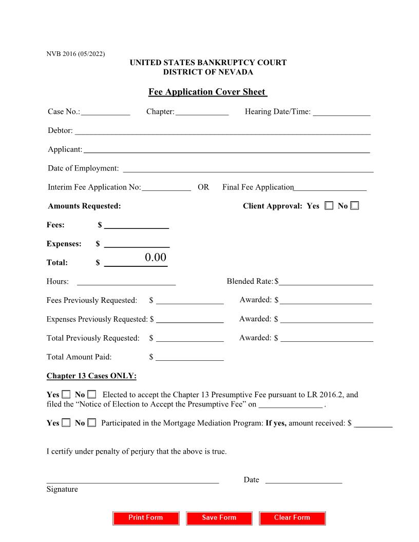 Fee Application Cover Sheet {NVB 2016} | Pdf Fpdf Docx | Nevada