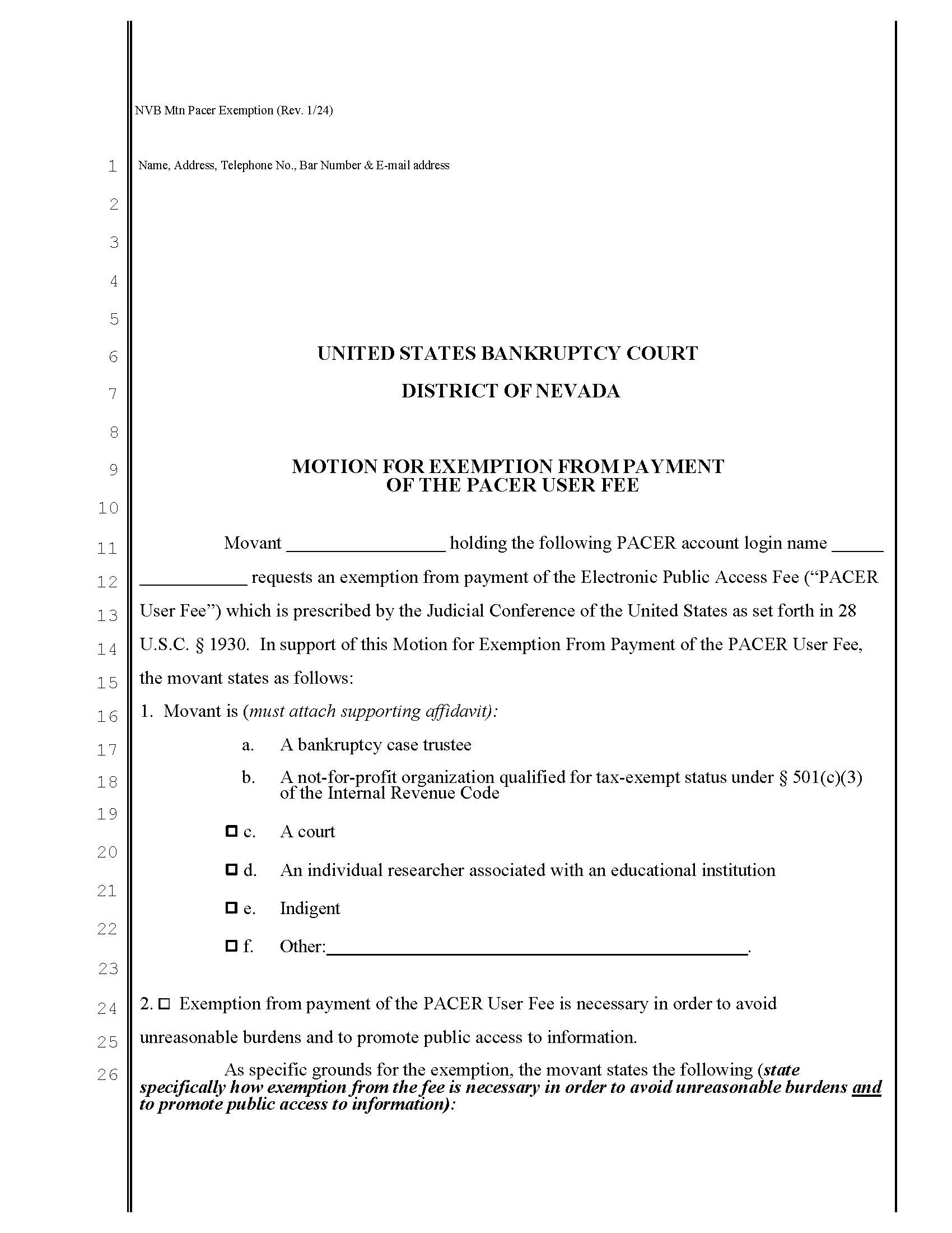 Motion For Exemption From Payment Of The Pacer User Fee | Pdf Fpdf Docx | Nevada