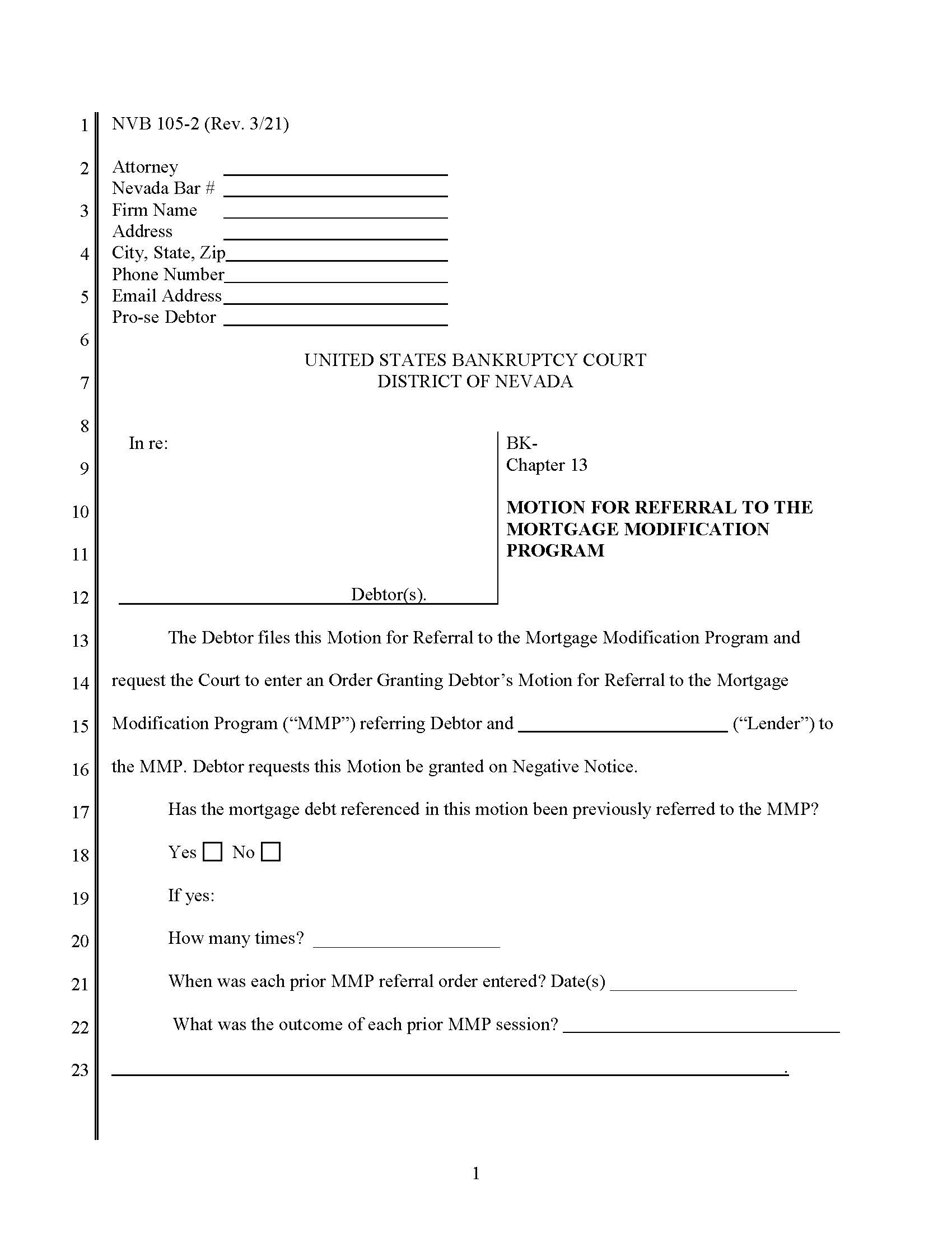 Motion For Referral To The Mortgage Modification Program {NVB 105-2} | Pdf Fpdf Docx | Nevada