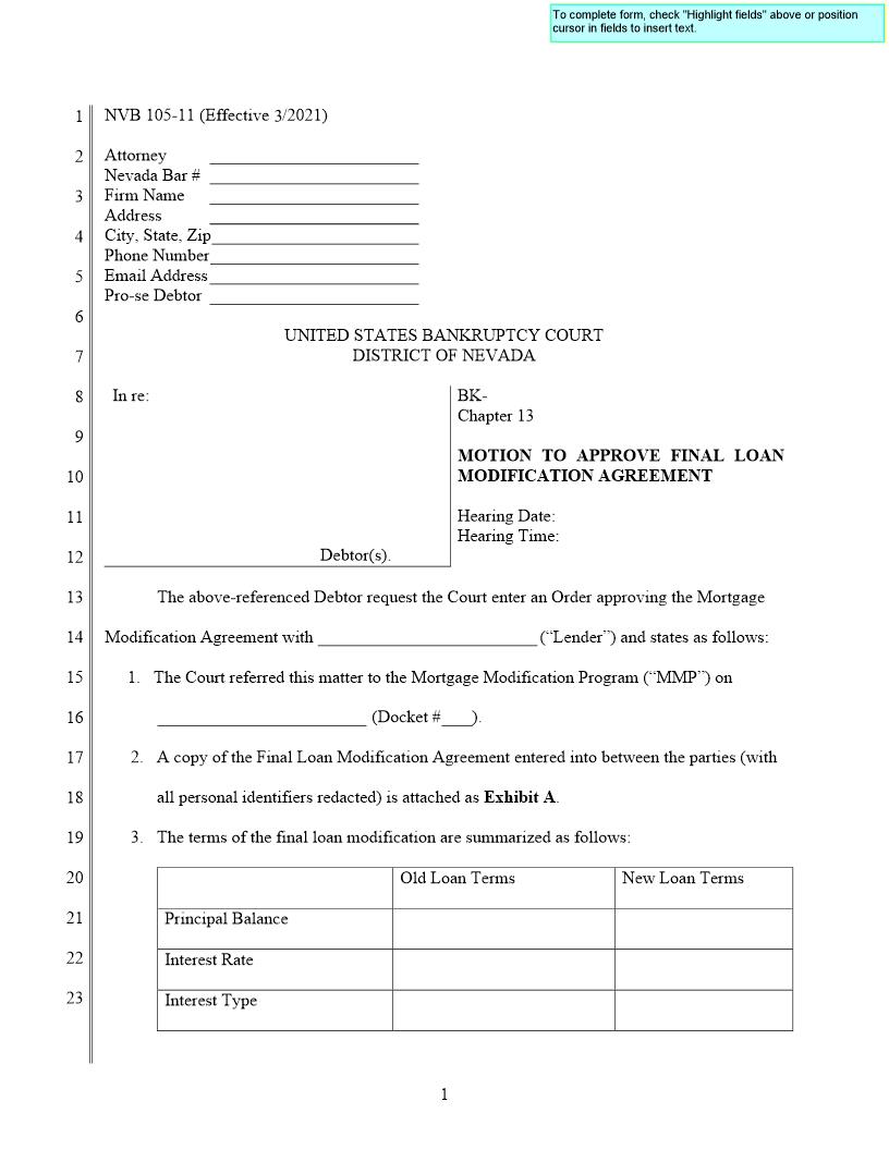 Motion To Approve Final Loan Modification Agreement {NVB 105-11} | Pdf Fpdf Doc Docx | Nevada