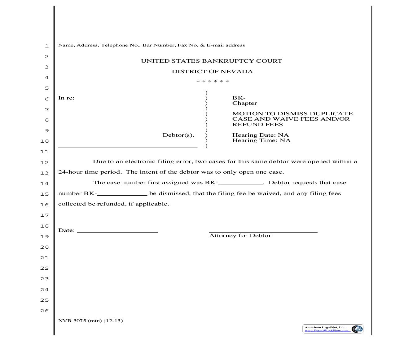 Motion To Dismiss Duplicate Case And Waive Fees | Pdf Fpdf Doc Docx | Nevada