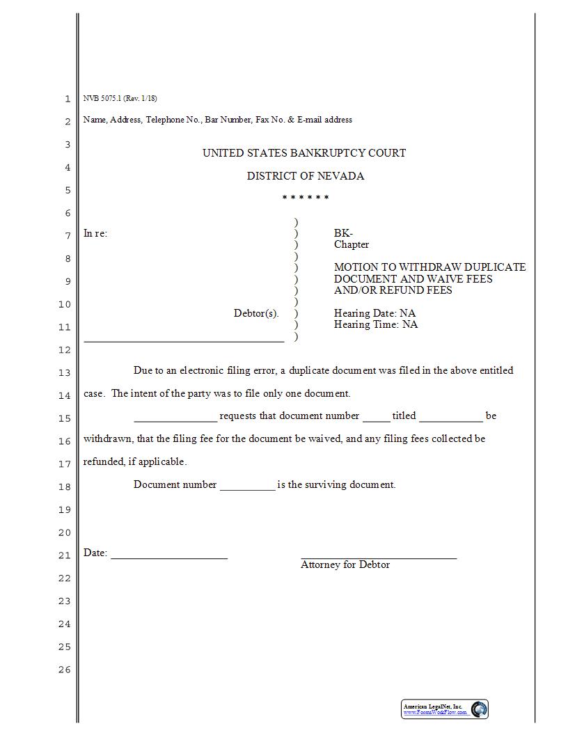 Motion To Withdraw Duplicate Document And Waive Fees | Pdf Fpdf Docx | Nevada