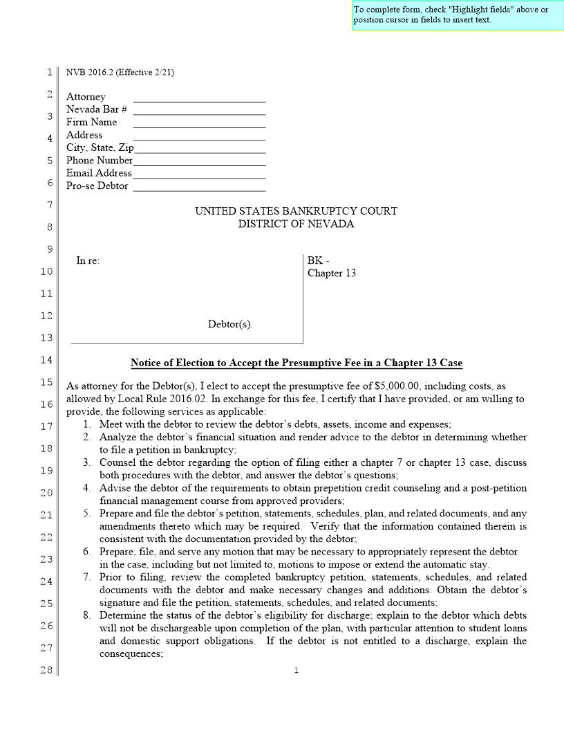 Notice Of Election To Accept The Presumptive Fee In A Chapter 13 Case {NVB 2016.2} | Pdf Fpdf Docx | Nevada
