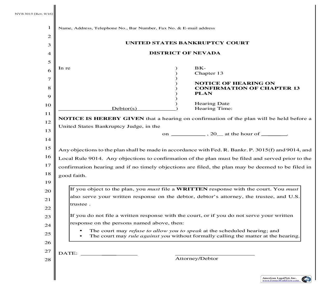 Notice Of Hearing On Confirmation Of Chapter 13 Plan | Pdf Fpdf Doc Docx | Nevada