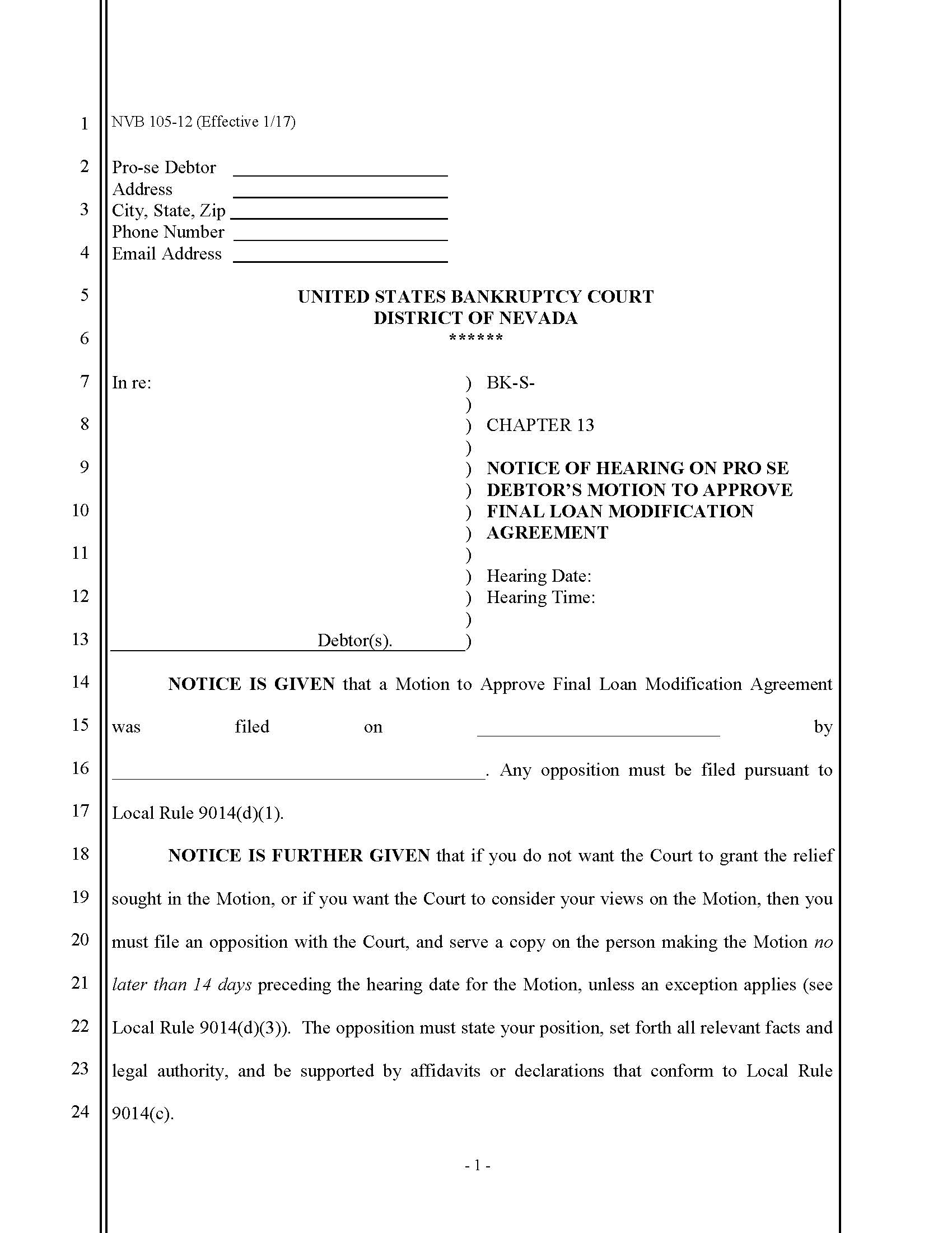 Notice Of Hearing On Pro Se Debtors Motion To Approve Final Loan Modification Agreement {NVB 105-12} | Pdf Fpdf Docx | Nevada