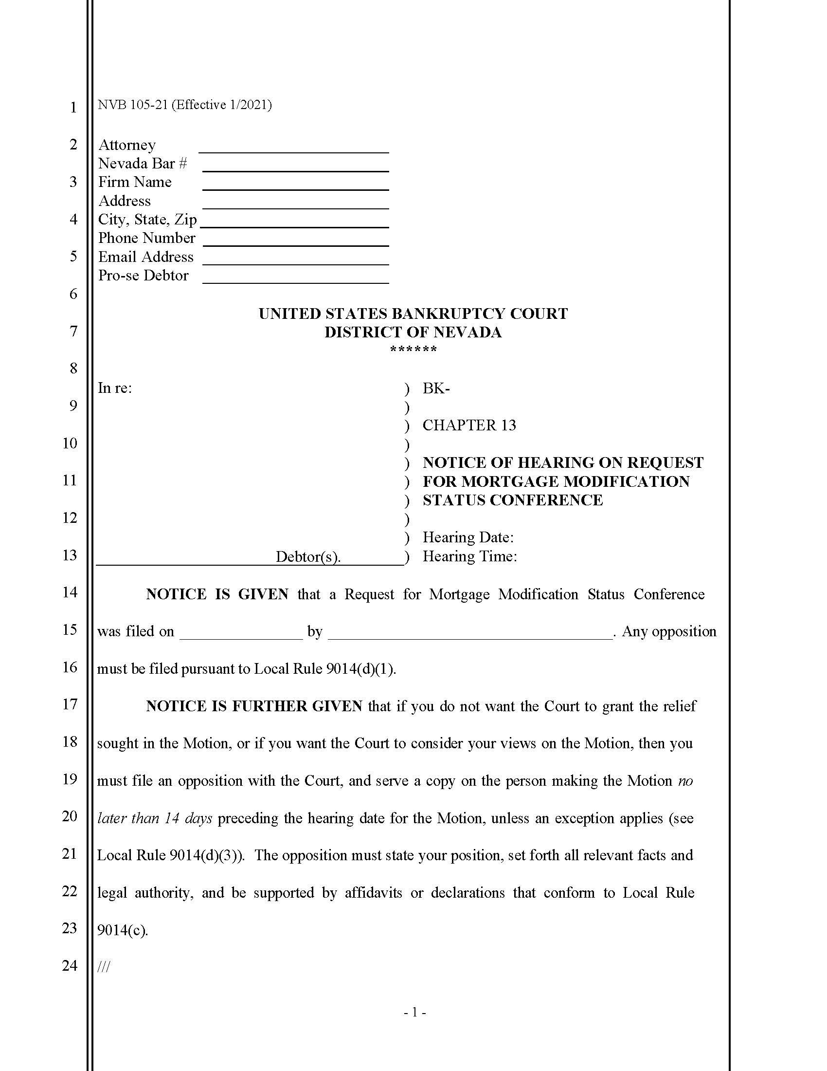 Notice Of Hearing On Request For Mortgage Modification Status Conference {NVB 105-21} | Pdf Fpdf Docx | Nevada