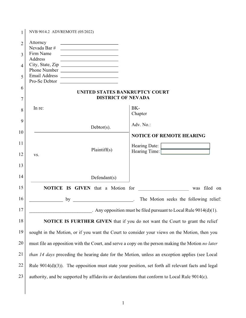 Notice Of Remote Hearing (Adversary) {NVB 9014-2} | Pdf Fpdf Docx | Nevada