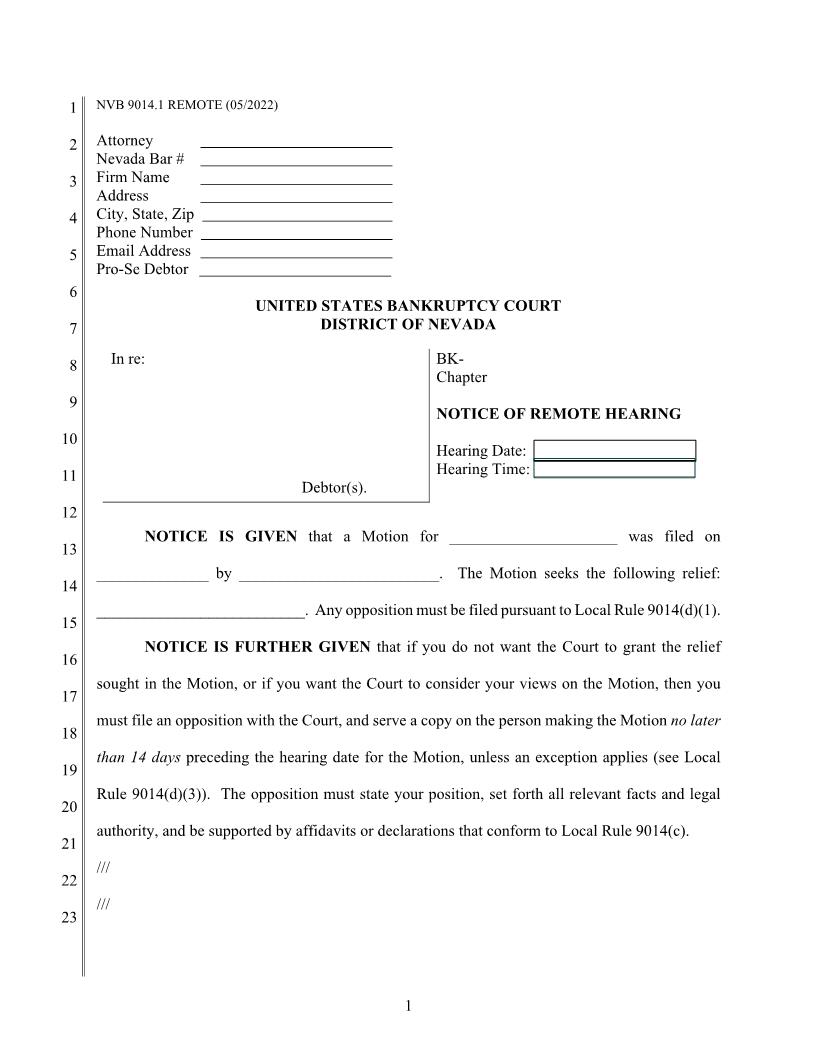 Notice Of Remote Hearing (Bankruptcy) {NVB 9014-1} | Pdf Fpdf Docx | Nevada