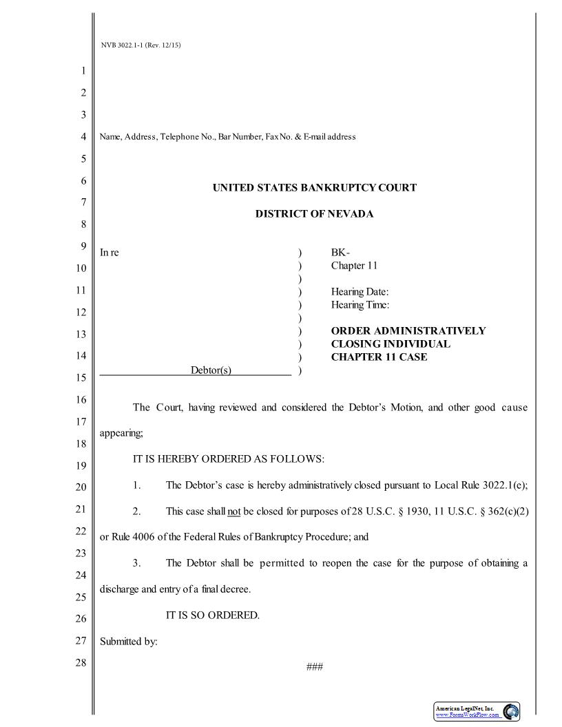 Order Administratively Closing Individual Chapter 11 Case {NVB 3022.1} | Pdf Fpdf Doc Docx | Nevada