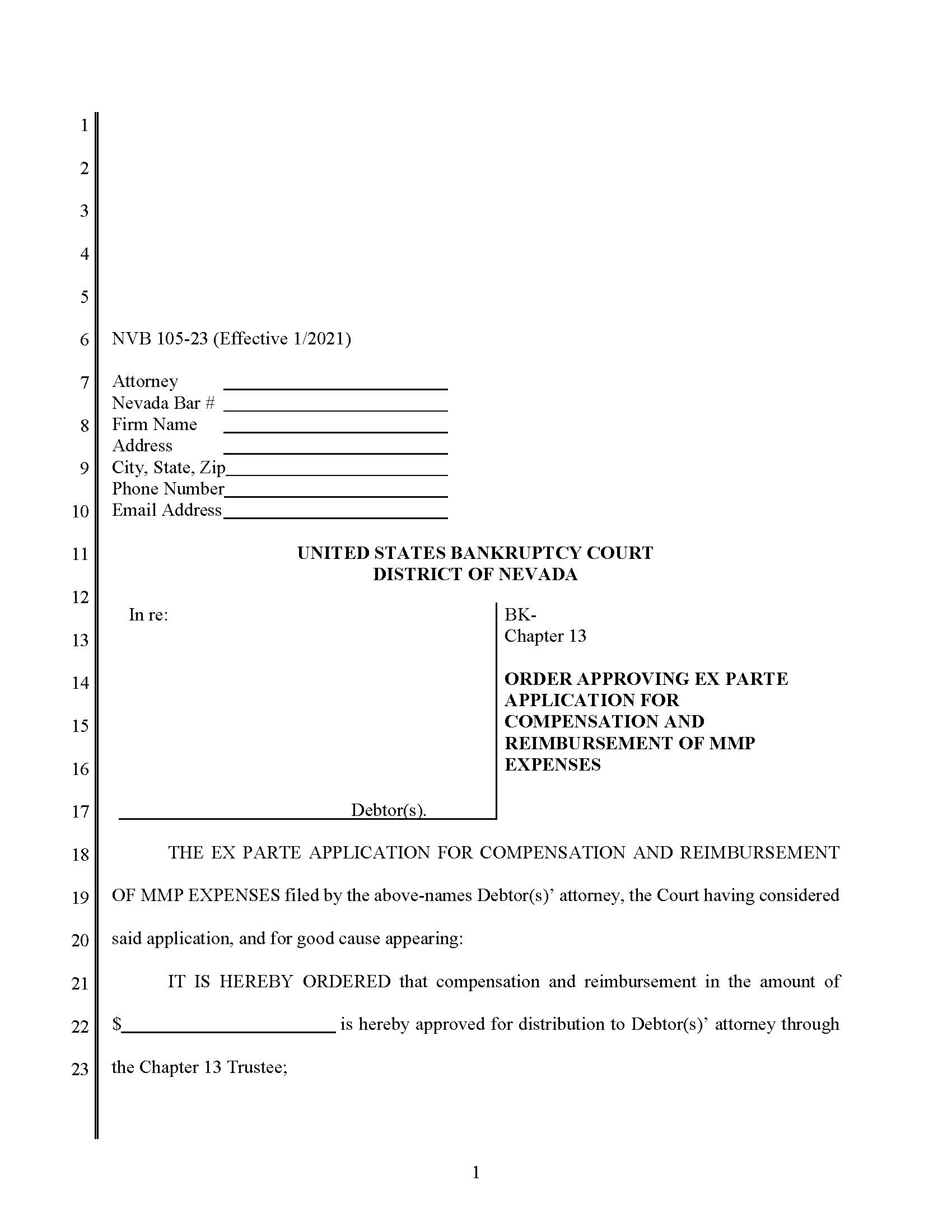 Order Approving Ex Parte Application For Compensation And Reimbursement Of MMP Expenses {NVB 105-23} | Pdf Fpdf Docx | Nevada