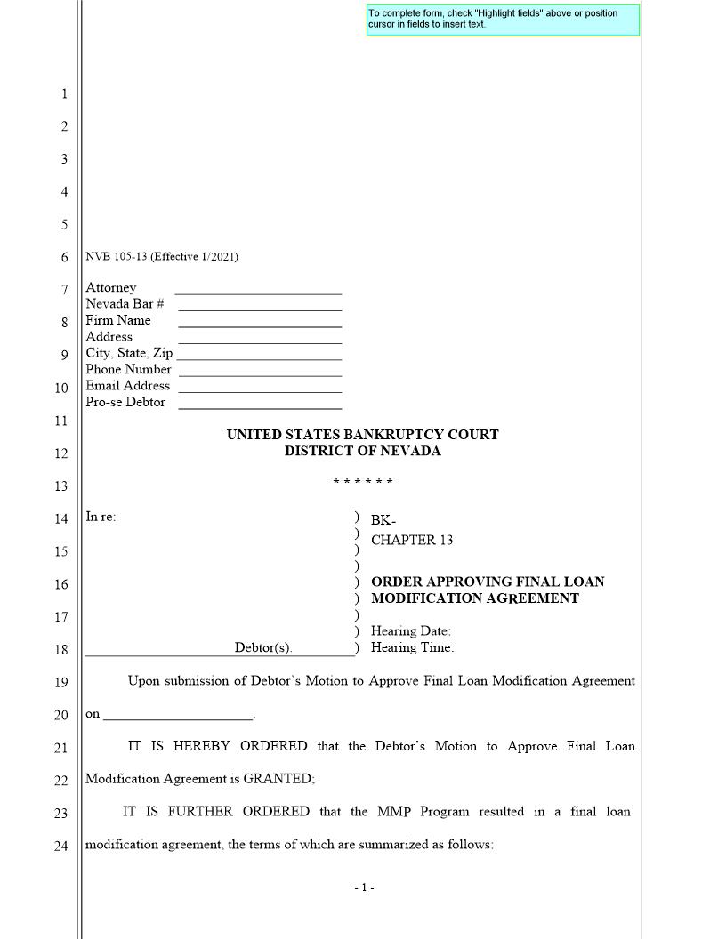Order Approving Final Loan Modification Agreement {NVB 105-13} | Pdf Fpdf Doc Docx | Nevada