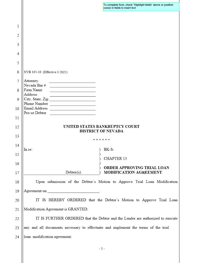 Order Approving Trial Loan Modification Agreement {NVB 105-10} | Pdf Fpdf Doc Docx | Nevada