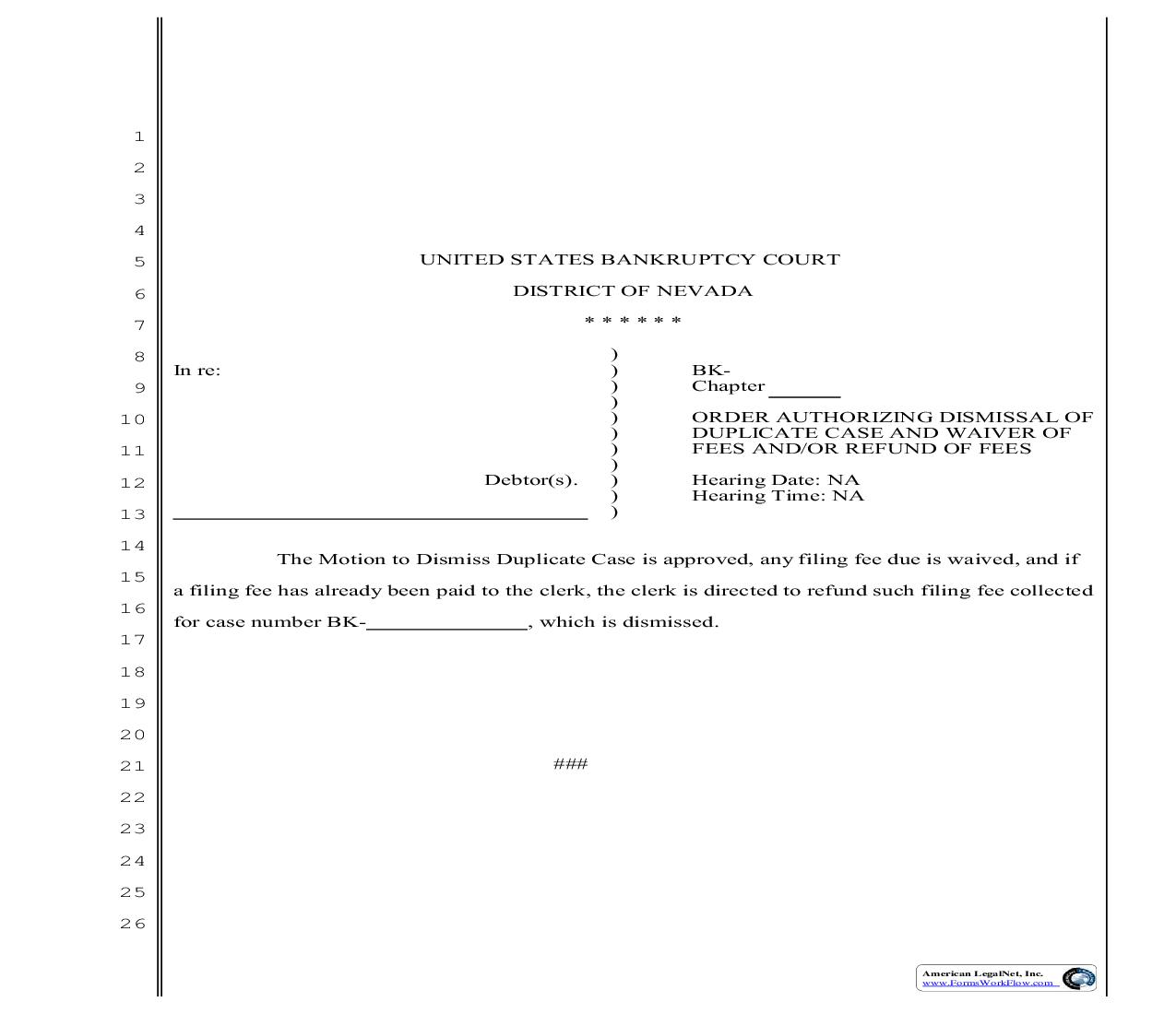 Order Authorizing Dismissal Of Duplicate Case And Waiver Of Fees | Pdf Fpdf Doc Docx | Nevada