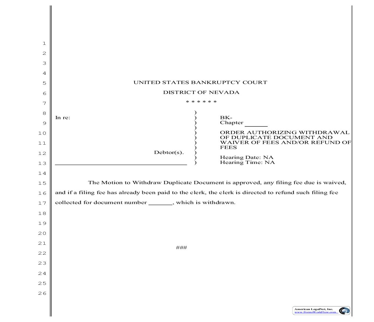 Order Authorizing Withdrawal Of Duplicate Document And Waiver Of Fees | Pdf Fpdf Doc Docx | Nevada