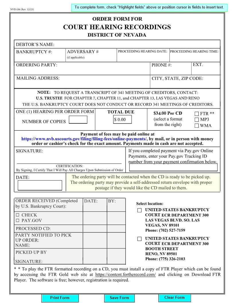 Order Form For Court Hearing Recordings {NVB 436} | Pdf Fpdf Docx | Nevada