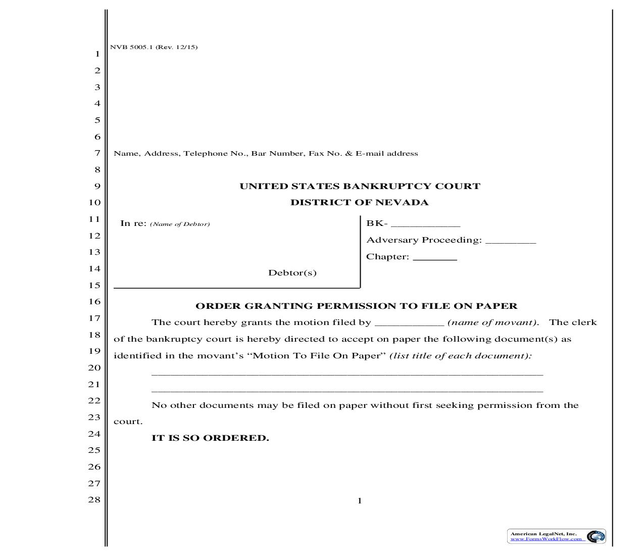 Order Granting Permission To File On Paper | Pdf Fpdf Doc Docx | Nevada