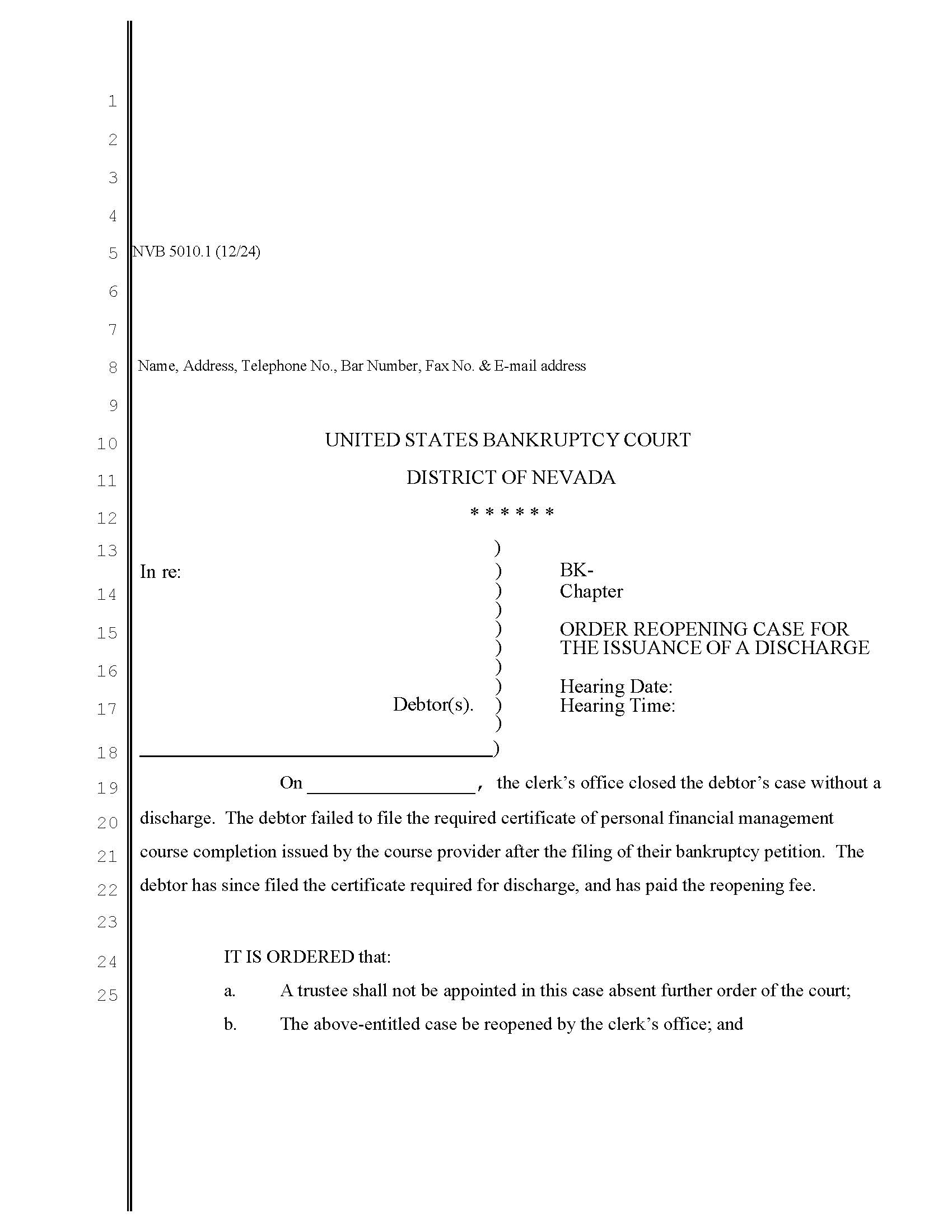 Order Reopening Case For The Issuance Of A Discharge | Pdf Fpdf Docx | Nevada