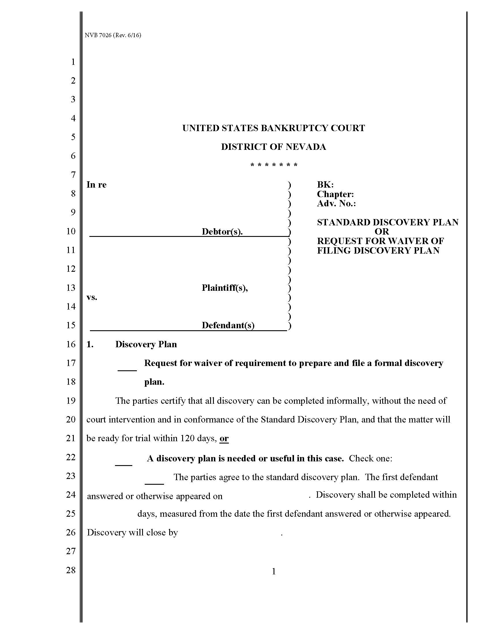 Standard Discovery Plan Or Request For Waiver Of Filing Discovery Plan {NVB 7026} | Pdf Fpdf Docx | Nevada