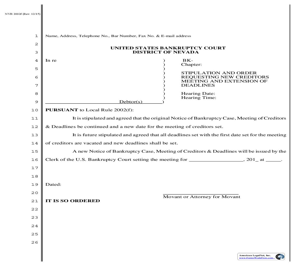 Stipulation And Order Requesting New Creditors Meeting And Extension Of Deadlines | Pdf Fpdf Doc Docx | Nevada