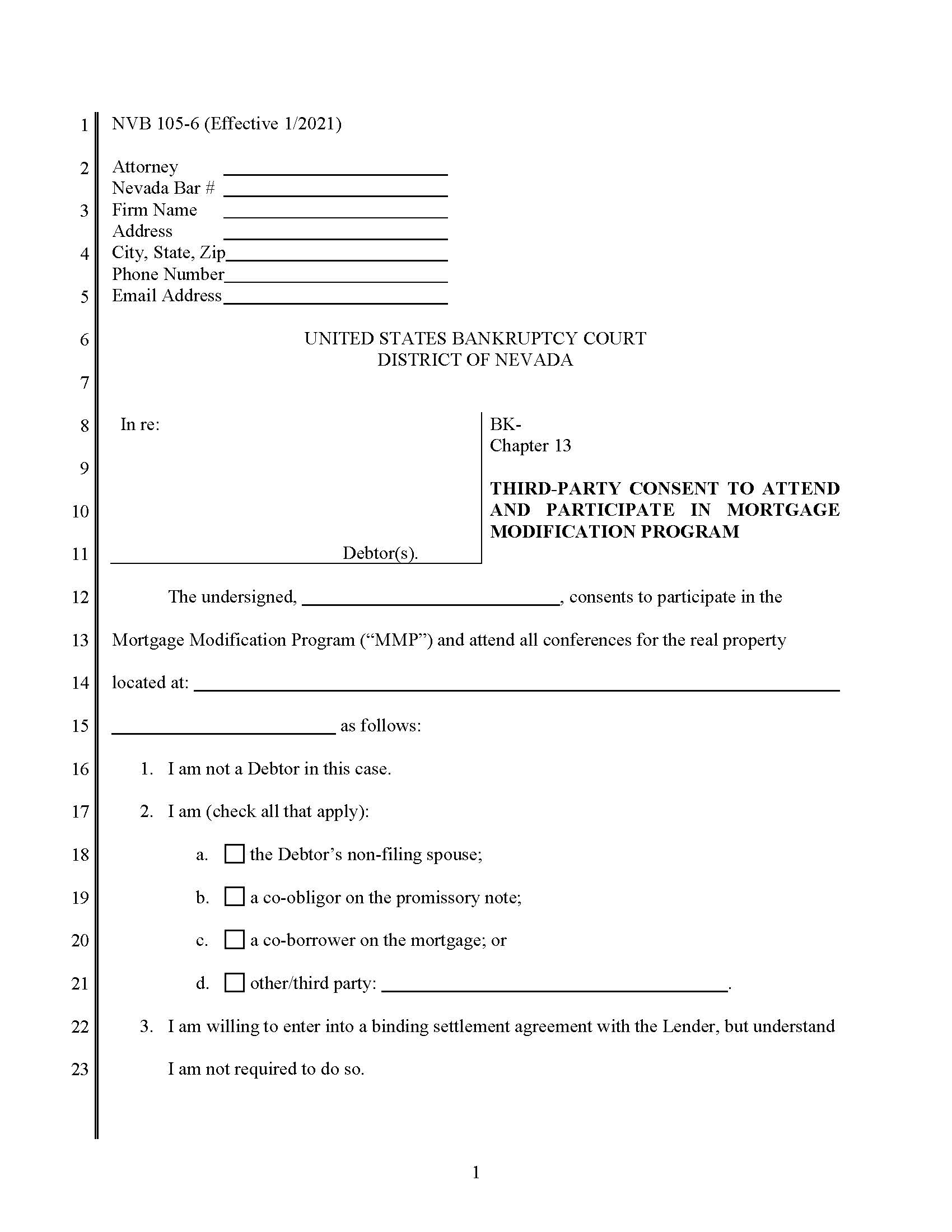 Third Party Consent To Attend And Participate In Mortgage Modification Program {NVB 105-6} | Pdf Fpdf Docx | Nevada