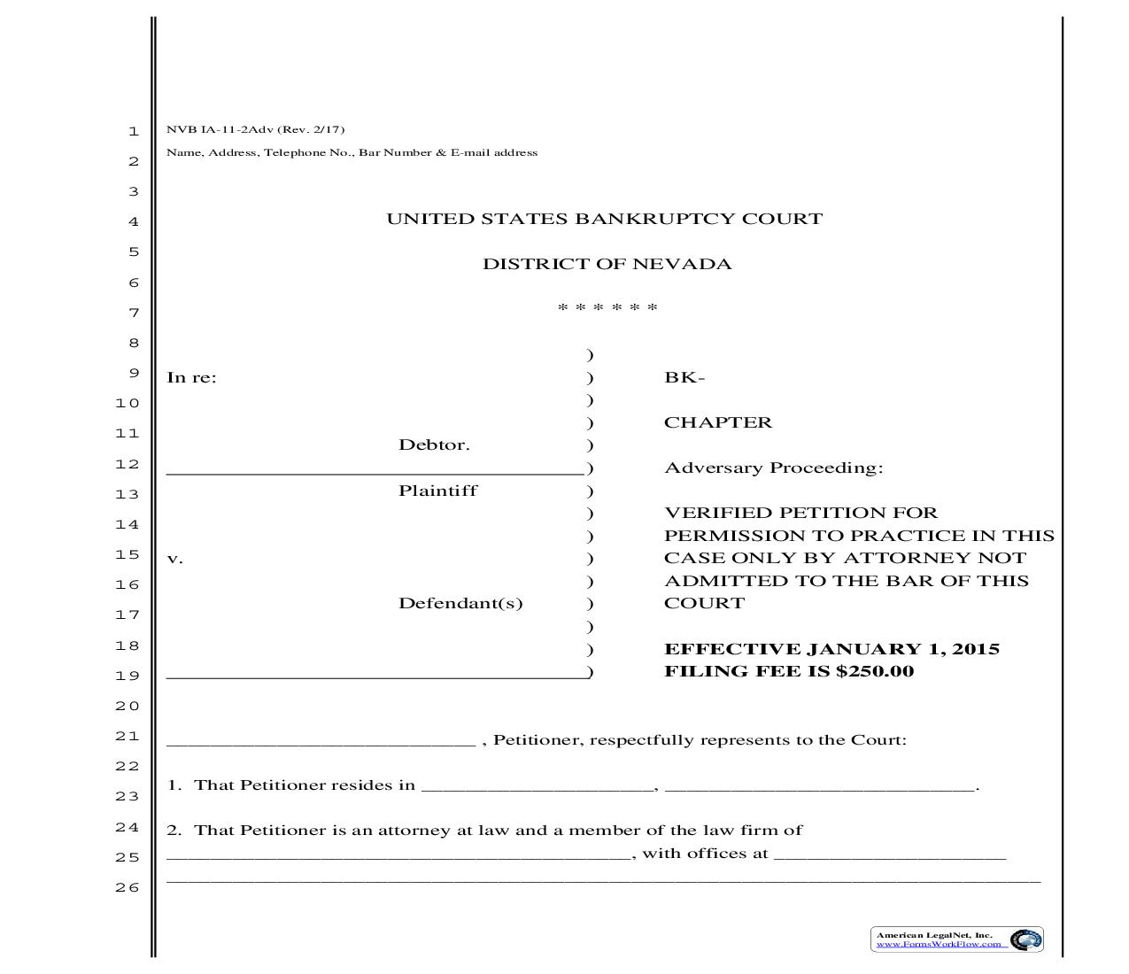 Verified Petition For Permission To Practice (Not Admitted - Adversary) {NVB 1A-11-2Adv} | Pdf Fpdf Doc Docx | Nevada