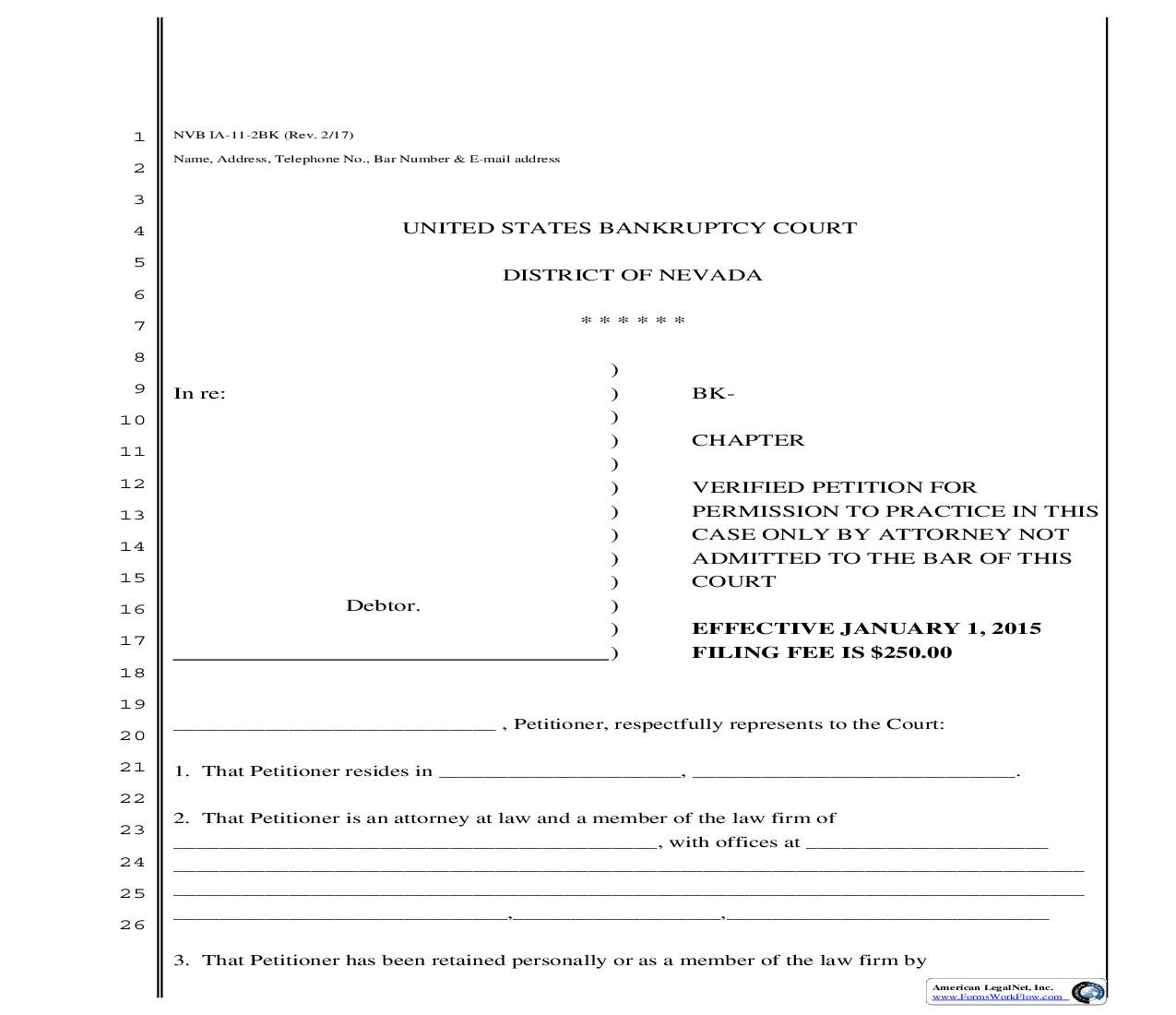 Verified Petition For Permission To Practice (Not Admitted - Bankruptcy) {NVB 1A-11-2BK} | Pdf Fpdf Doc Docx | Nevada