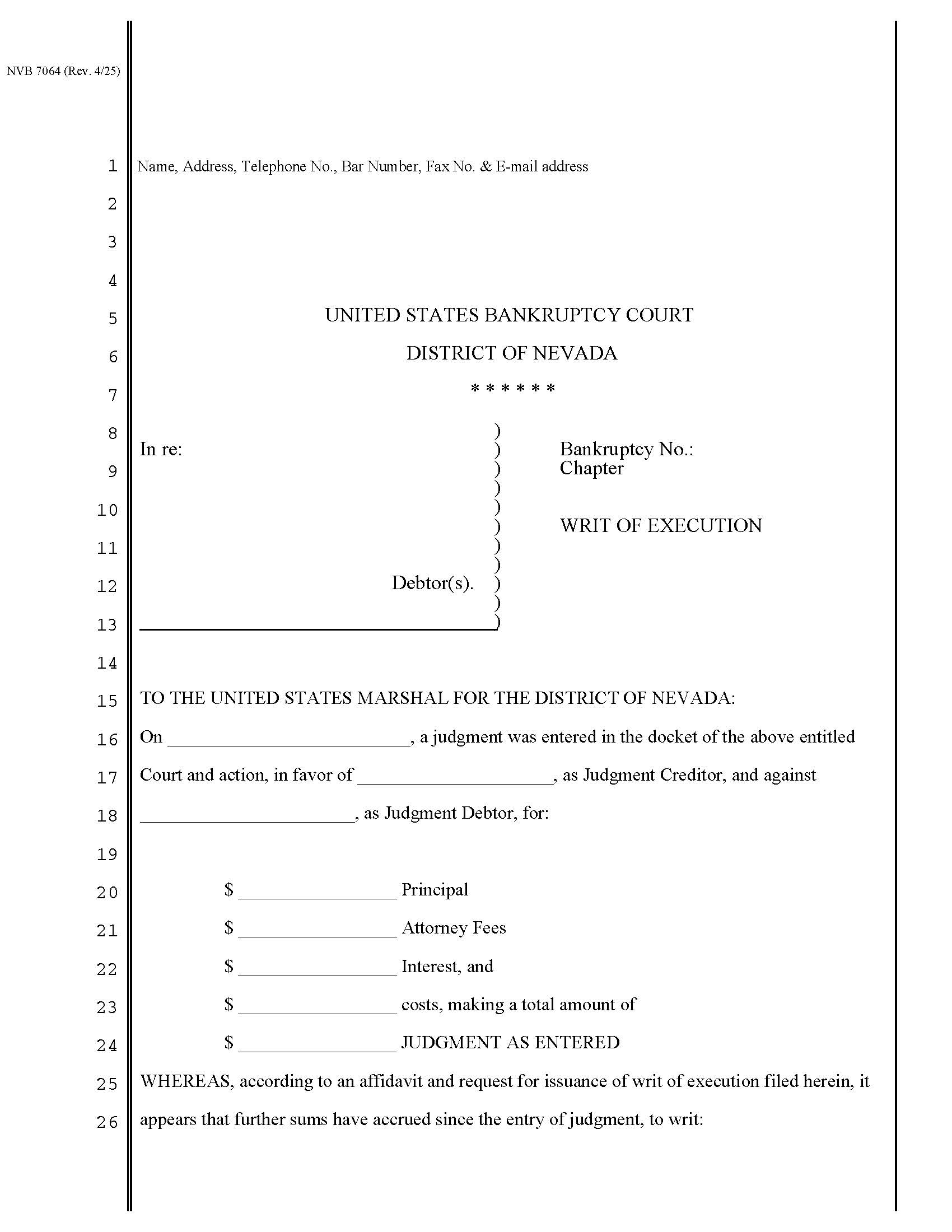 Writ Of Execution {NVB 7064} | Pdf Fpdf Docx | Nevada