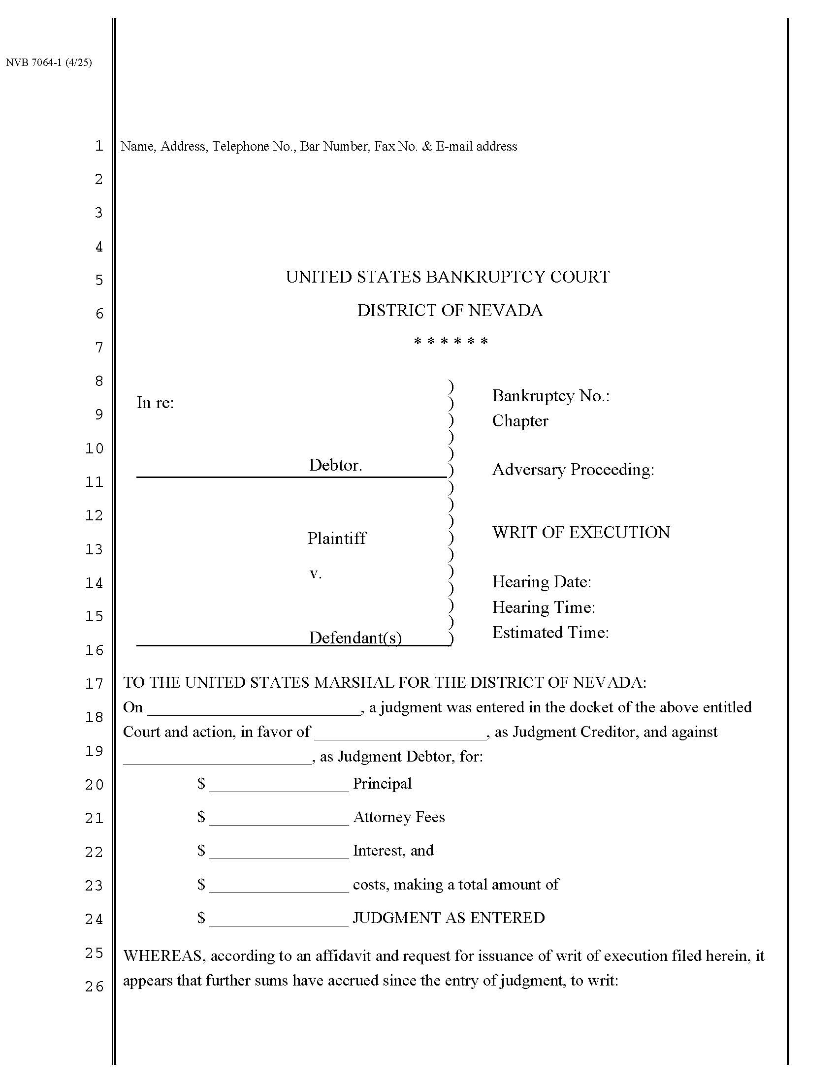 Writ Of Execution (Adversary) {NVB 7064-1} | Pdf Fpdf Docx | Nevada