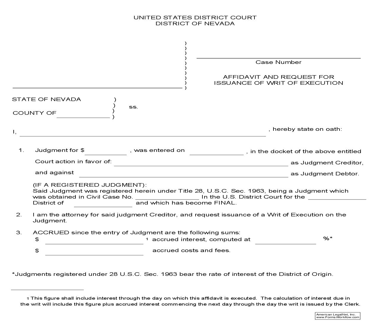 Affidavit And Request For Issuance Of Writ Of Execution | Pdf Fpdf Doc Docx | Nevada