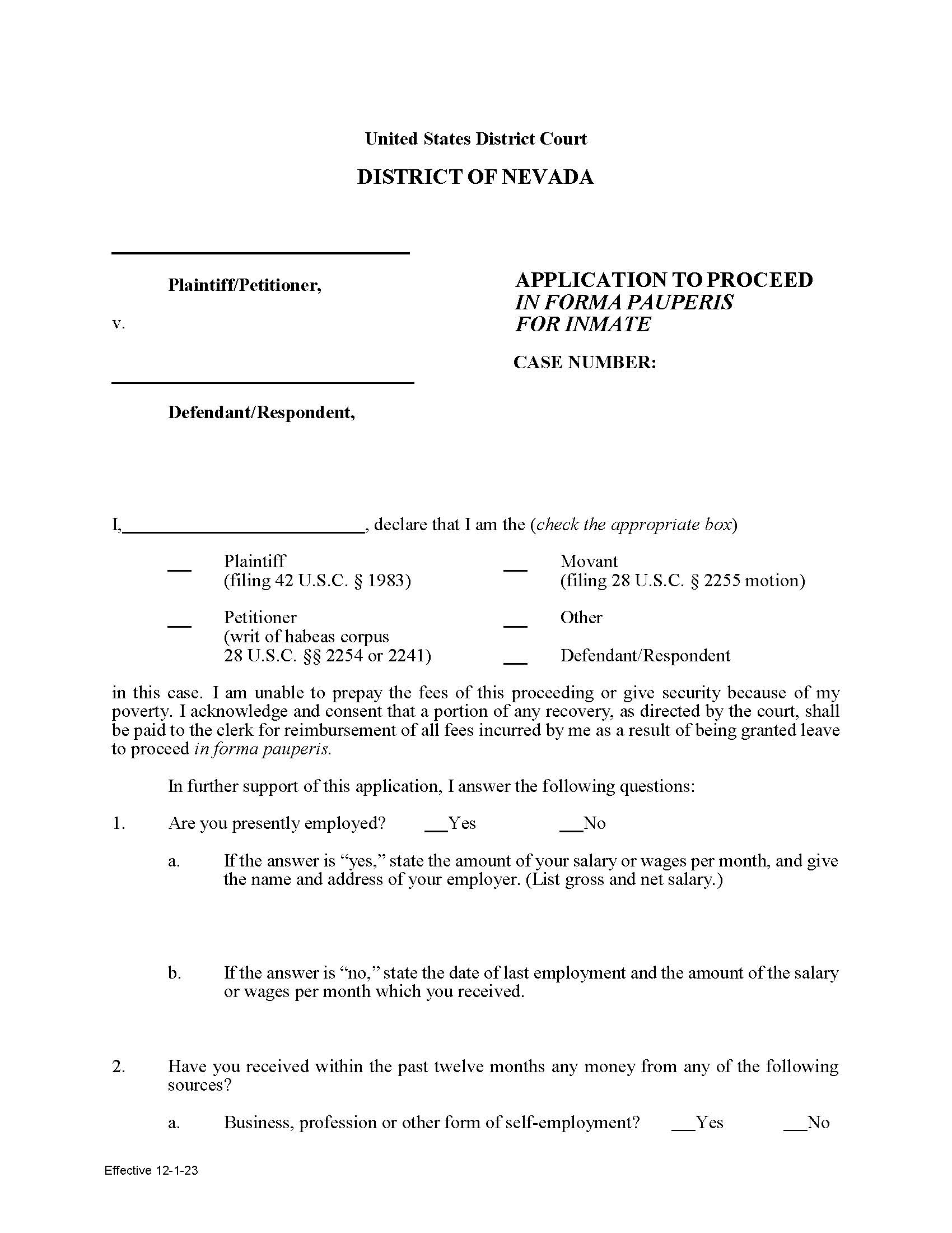 Application To Proceed In Forma Pauperis (Prisoner) | Pdf Fpdf Doc Docx | Nevada