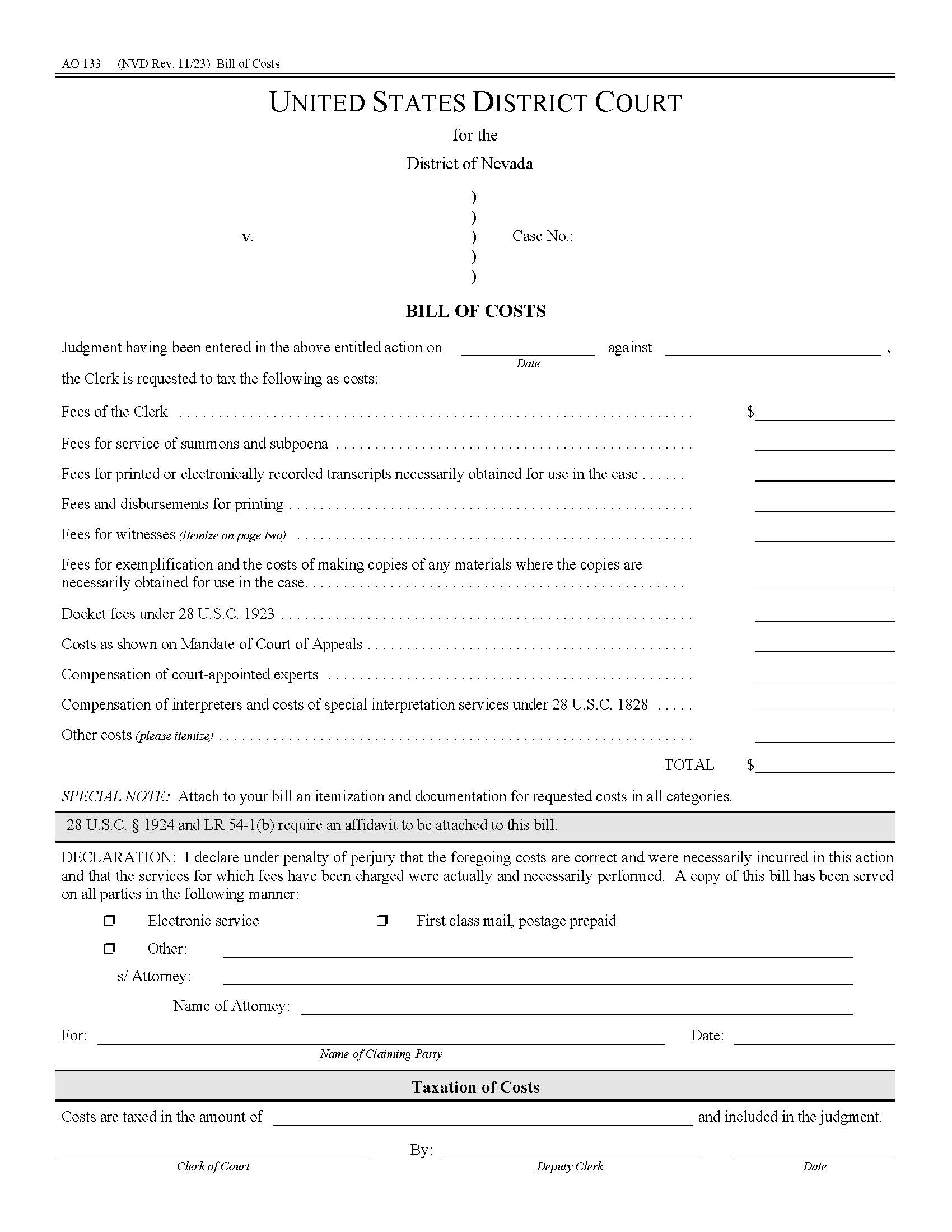 Bil Of Costs {NVD AO 133} | Pdf Fpdf Docx | Nevada