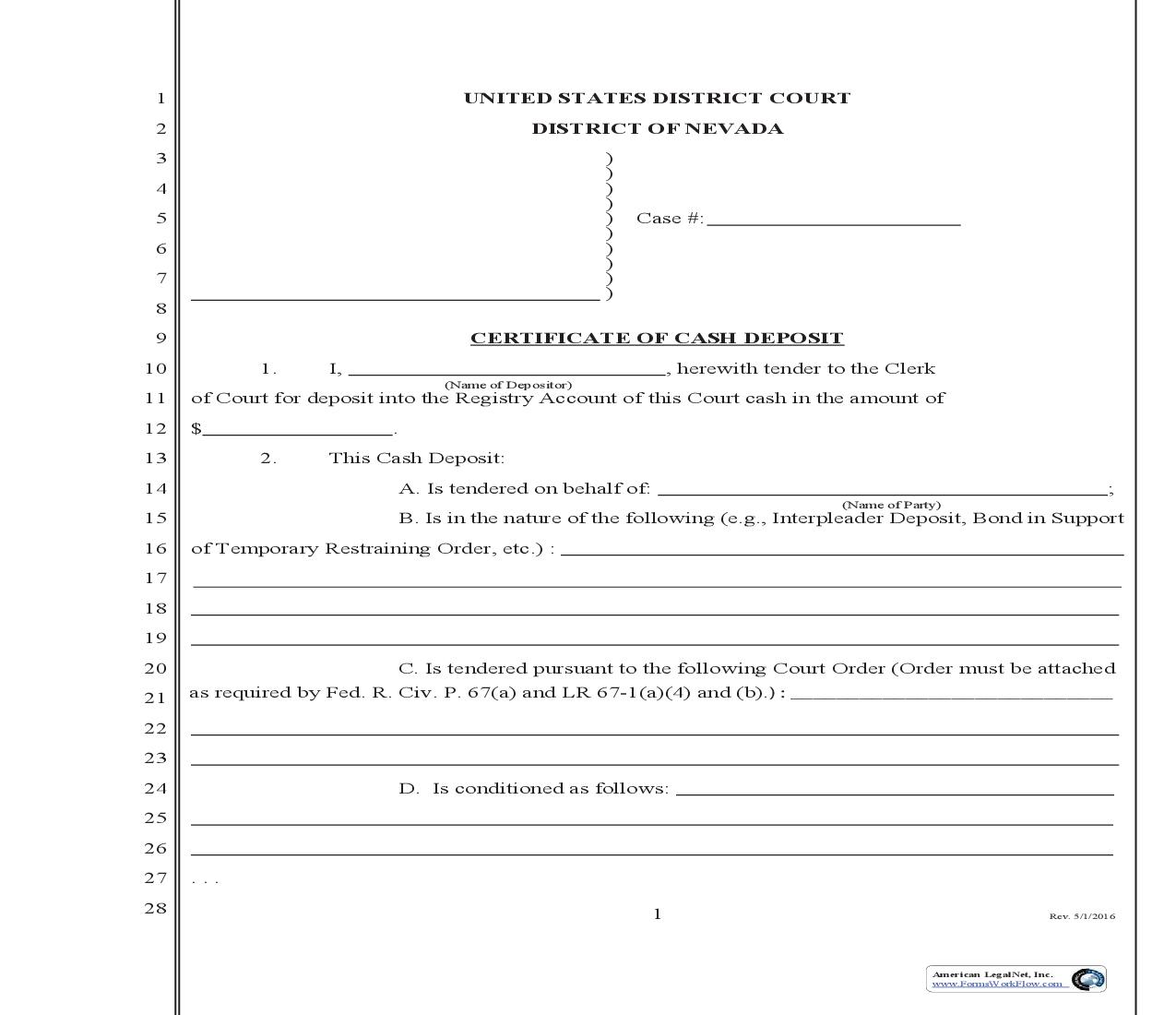 Certificate Of Cash Deposit | Pdf Fpdf Doc Docx | Nevada