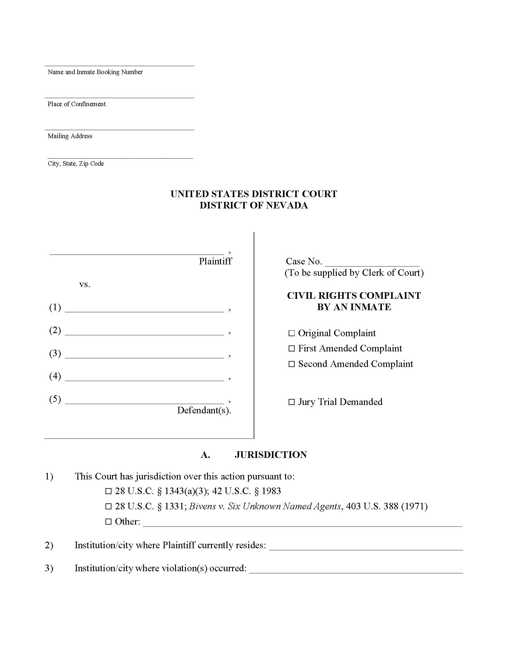 Civil Rights Complaint By  An Inmate | Pdf Fpdf Docx | Nevada