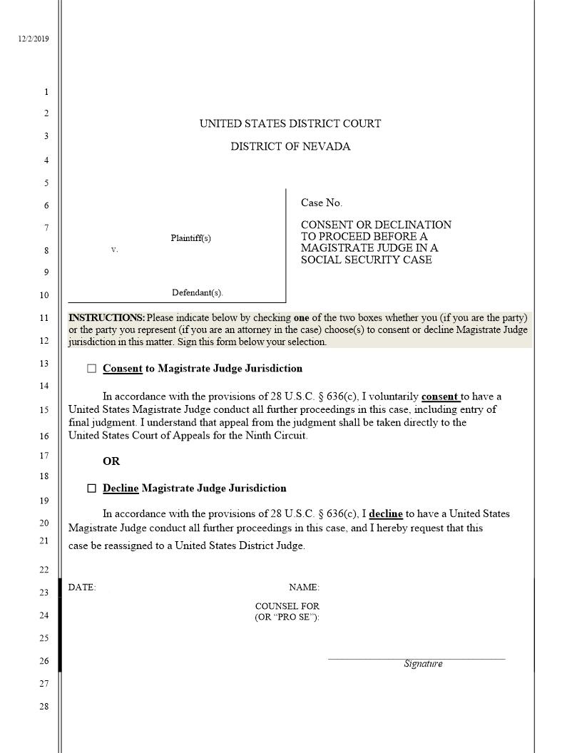 Consent Or Declination To Proceed Before A Magistrate Judge In A Social Security Case | Pdf Fpdf Docx | Nevada