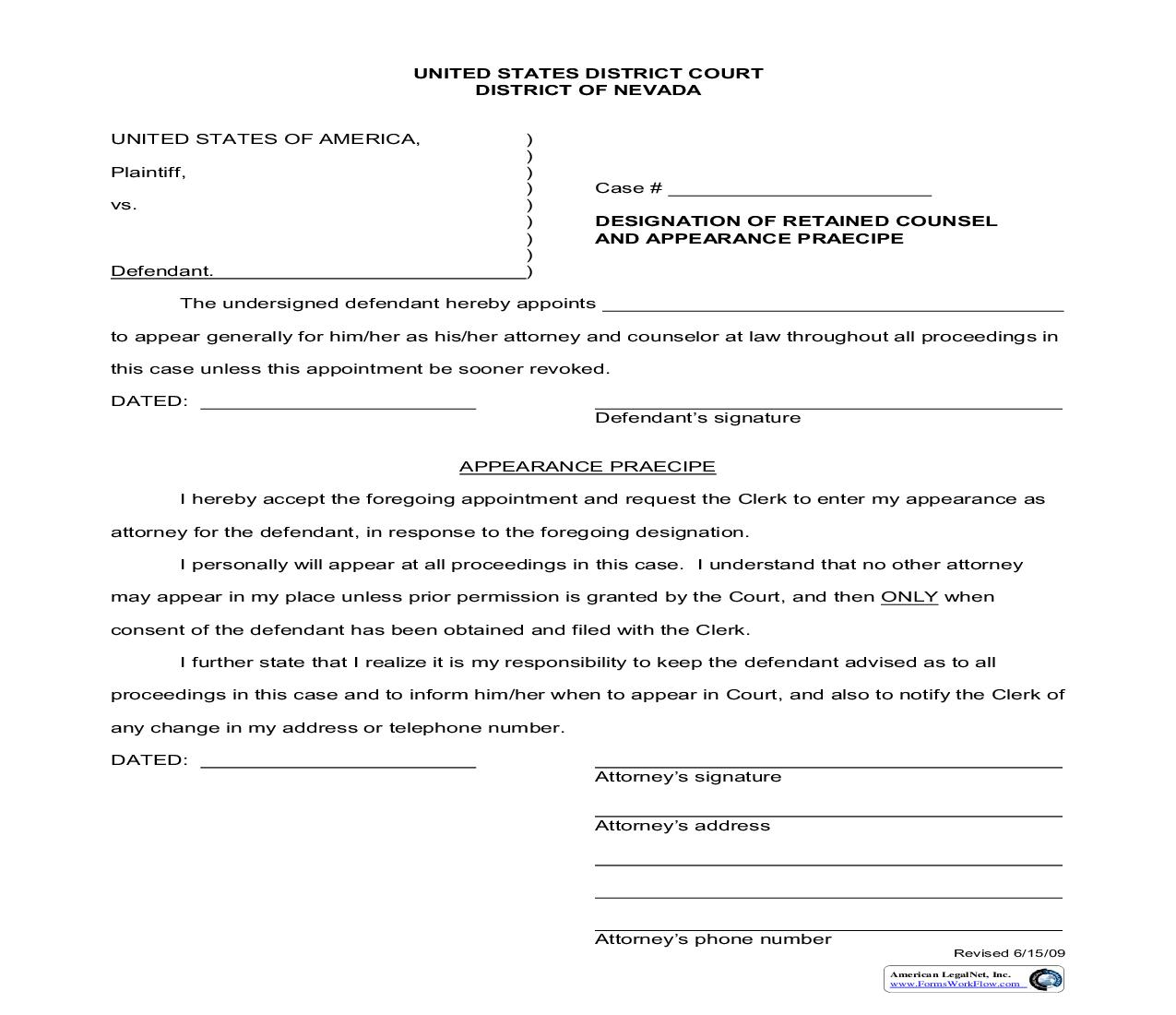 Designation Of Retained Counsel And Appearance Praecipe | Pdf Fpdf Doc Docx | Nevada