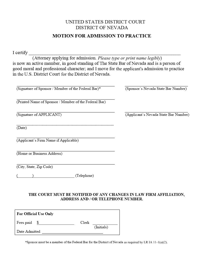 Motion For Admission To Practice | Pdf Fpdf Doc Docx | Nevada