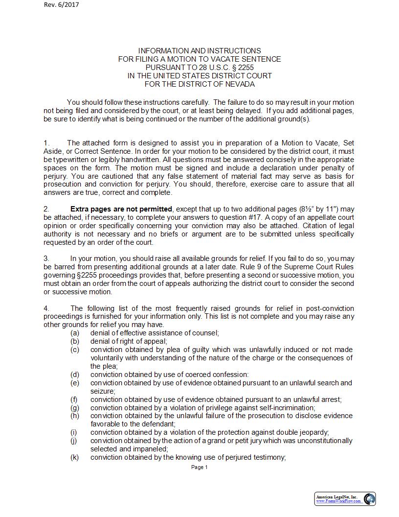 Motion To Vacate Set Aside Or Correct Sentence By Person In Federal Custody | Pdf Fpdf Docx | Nevada