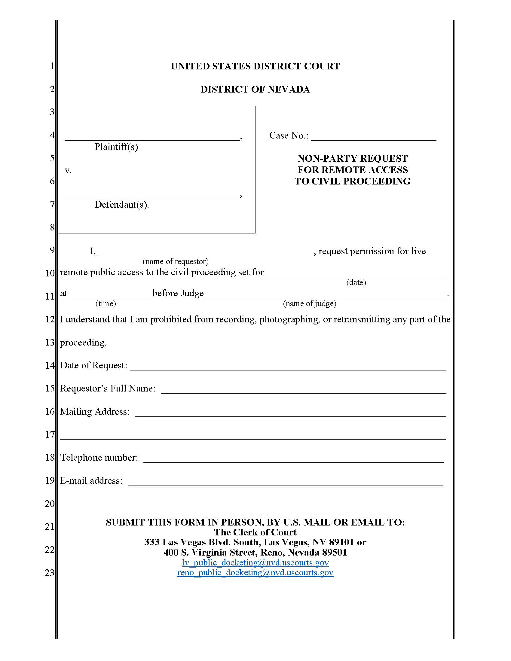 Non Party Request For Remote Access To Civil Proceeding | Pdf Fpdf Docx | Nevada