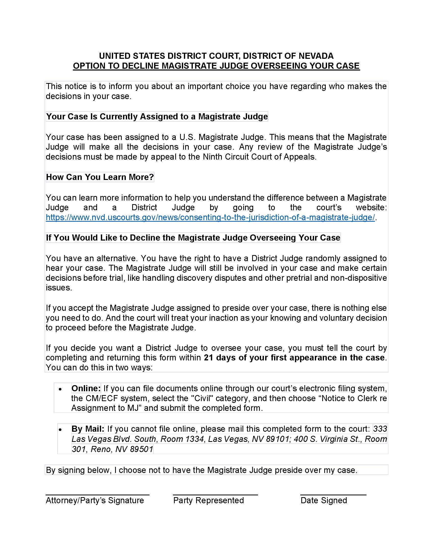 Option To Decline Magistrate Judge | Pdf Fpdf Docx | Nevada