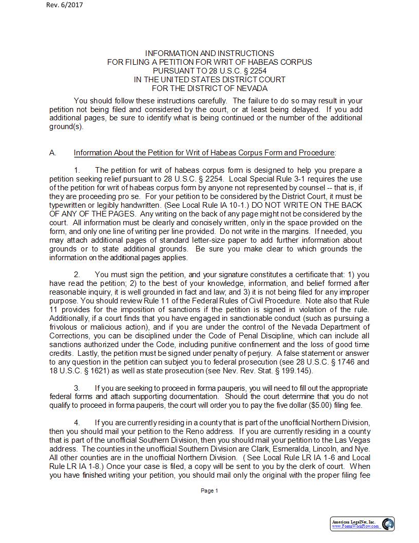 Petition For Writ Of Habeas Corpus Not Sentenced To Death | Pdf Fpdf Docx | Nevada