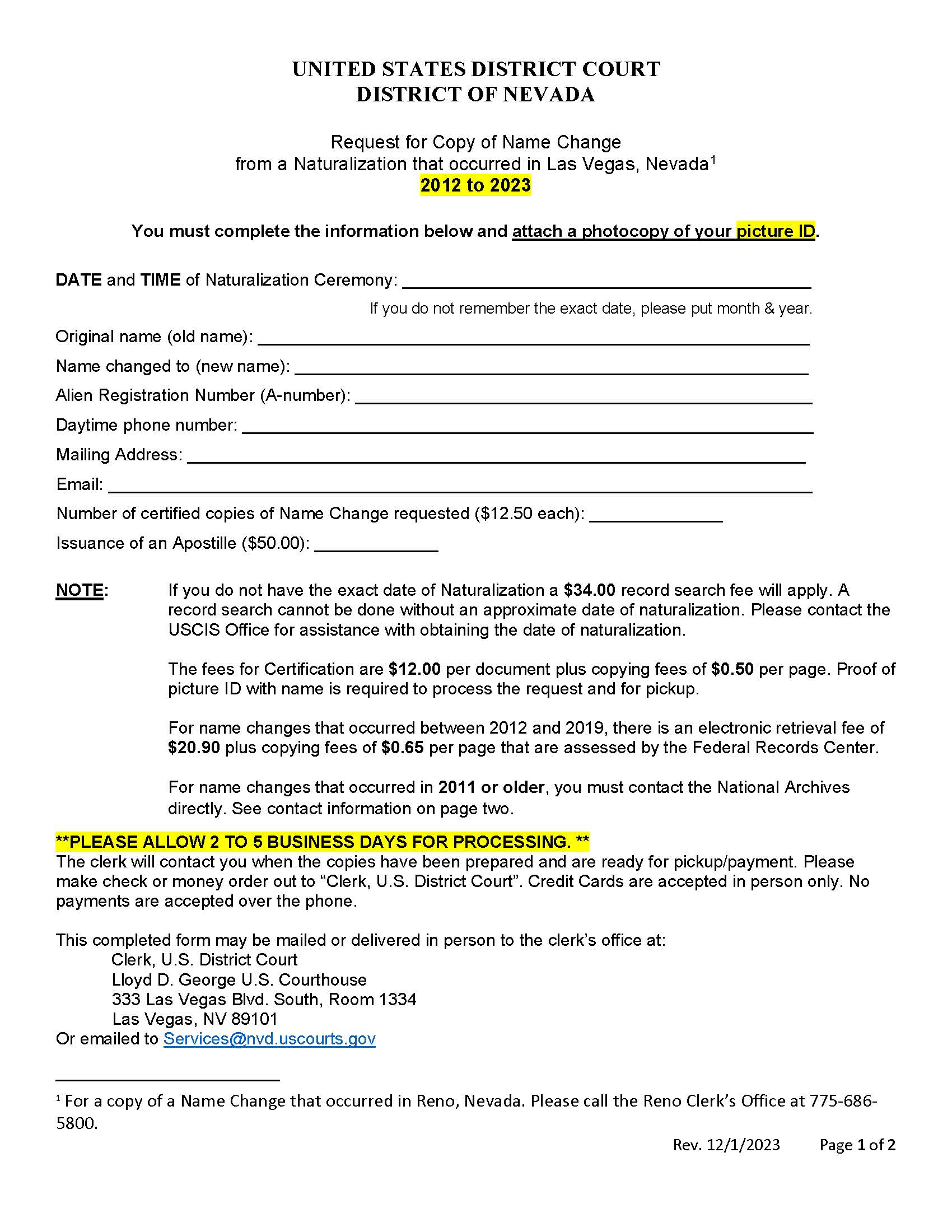 Request For Copy Of Name Change From Naturalization | Pdf Fpdf Docx | Nevada