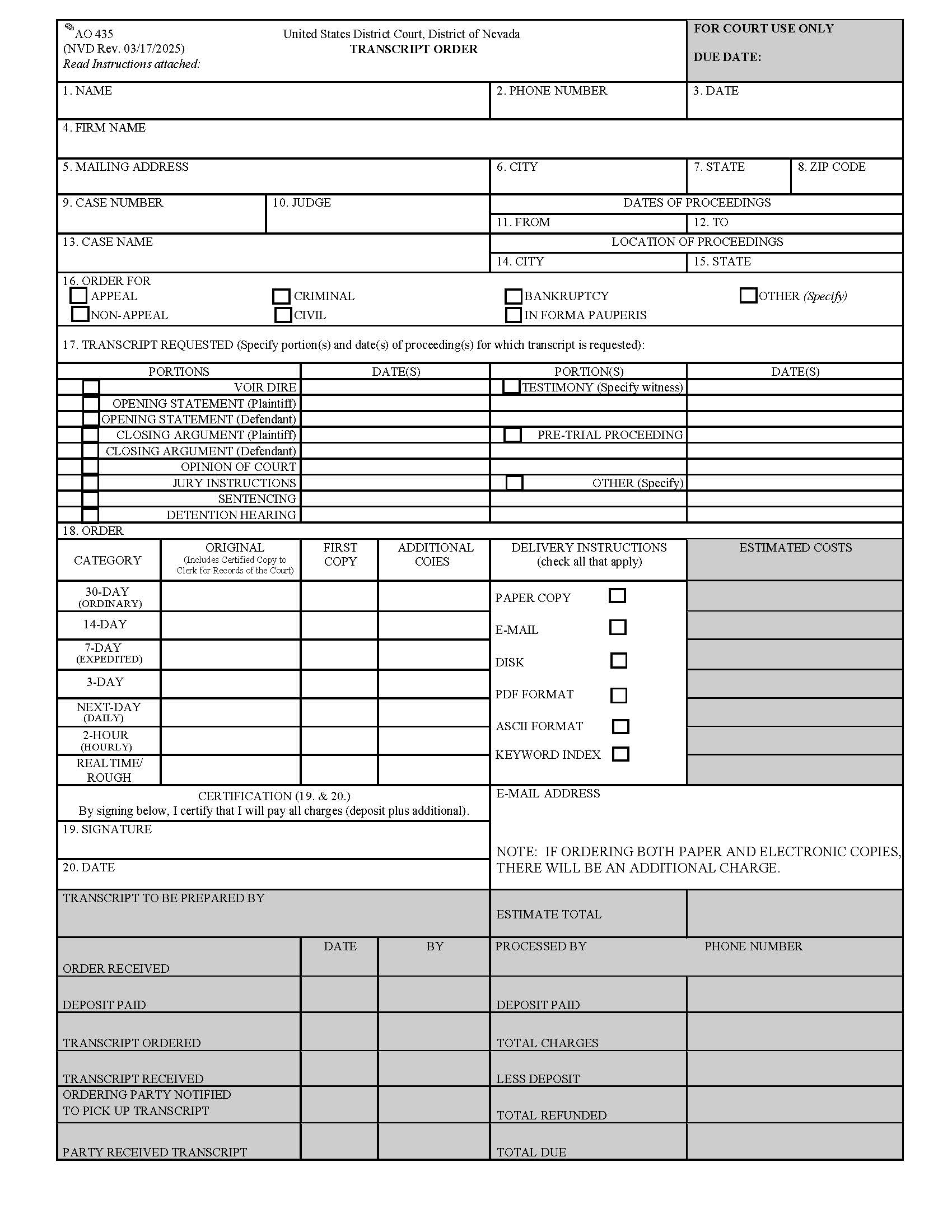 Transcript Order {NVD AO 435} | Pdf Fpdf Docx | Nevada