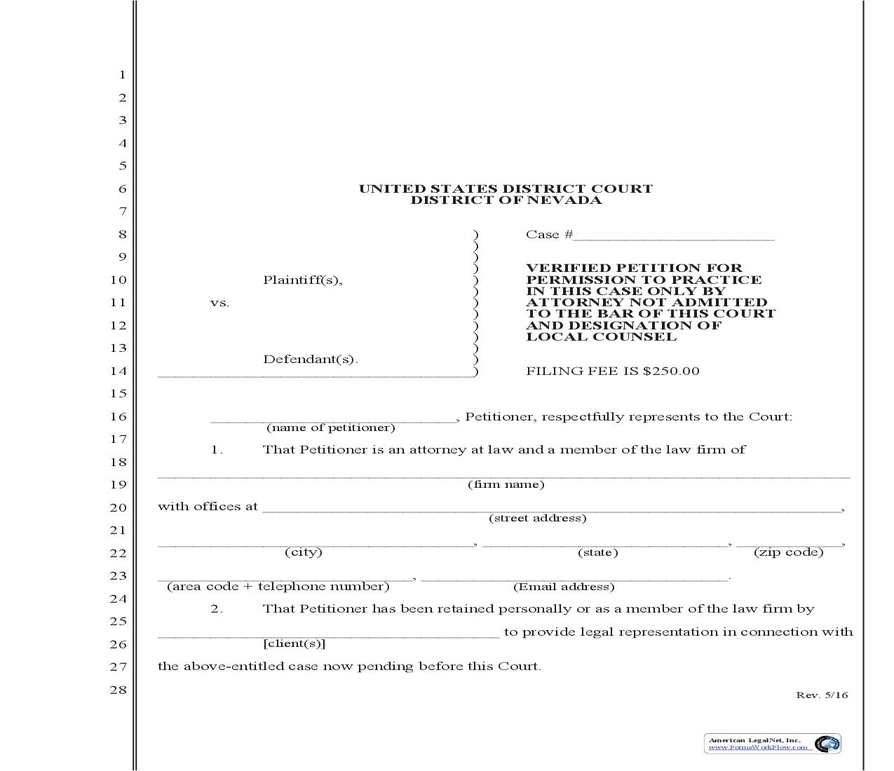 Verified Petition For Permission To Practice In This Case Only | Pdf Fpdf Doc Docx | Nevada