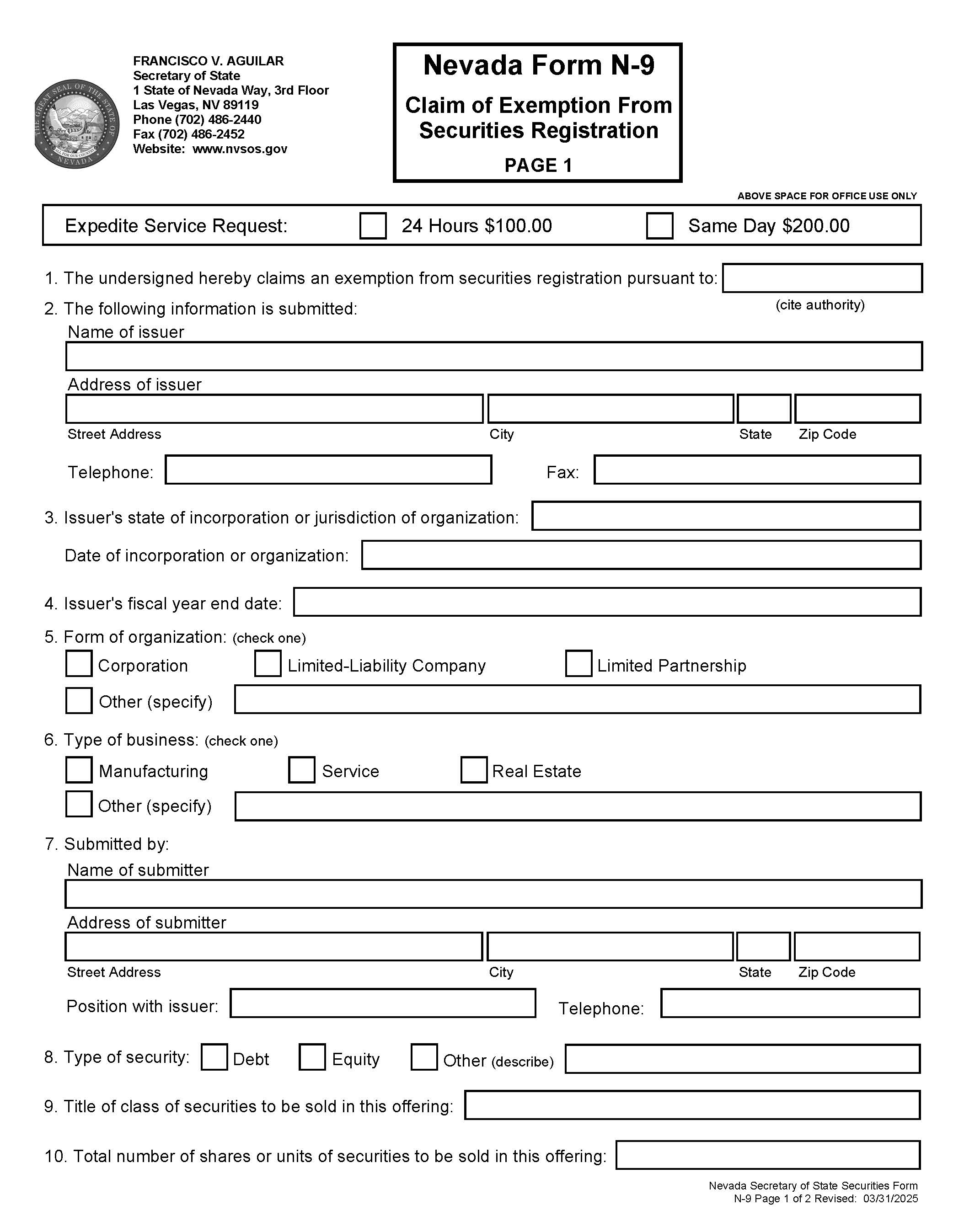 Claim Of Exemption From Securities Registration {N-9} | Pdf Fpdf Docx | Nevada