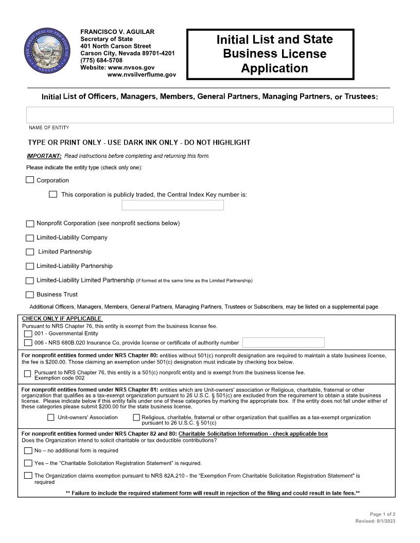 Initial List And State Business License Application | Pdf Fpdf Docx | Nevada