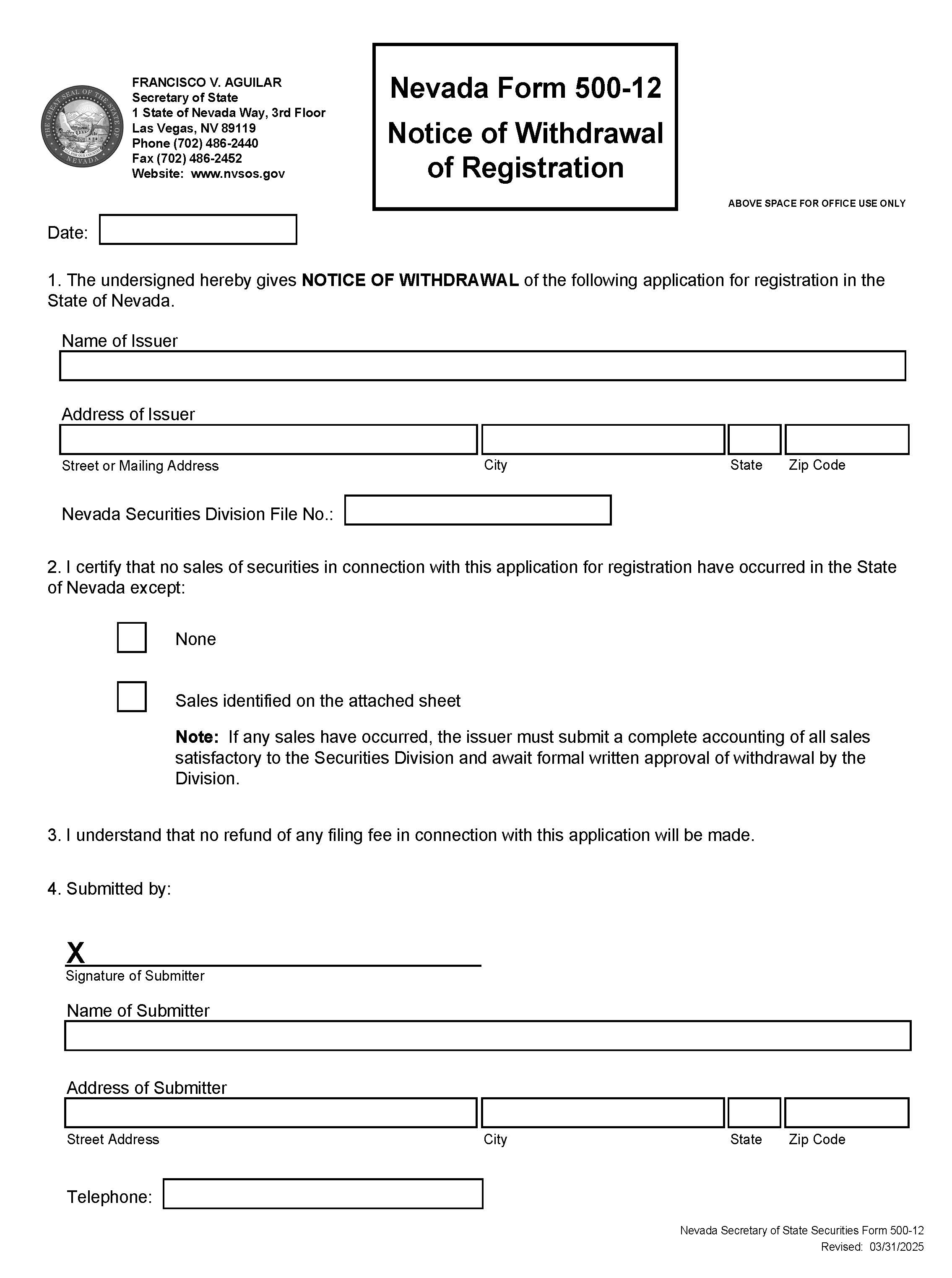 Notice Of Withdrawal Of Registration {500-12} | Pdf Fpdf Docx | Nevada