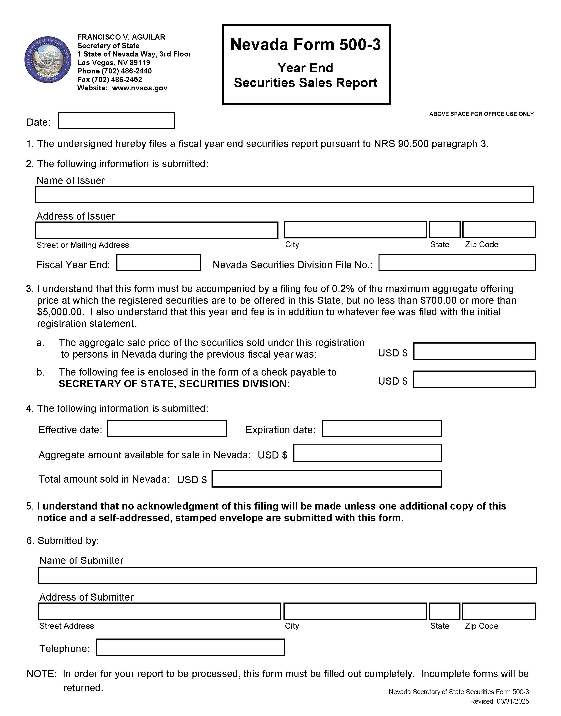 Year End Securities Sales Report {500-3} | Pdf Fpdf Docx | Nevada